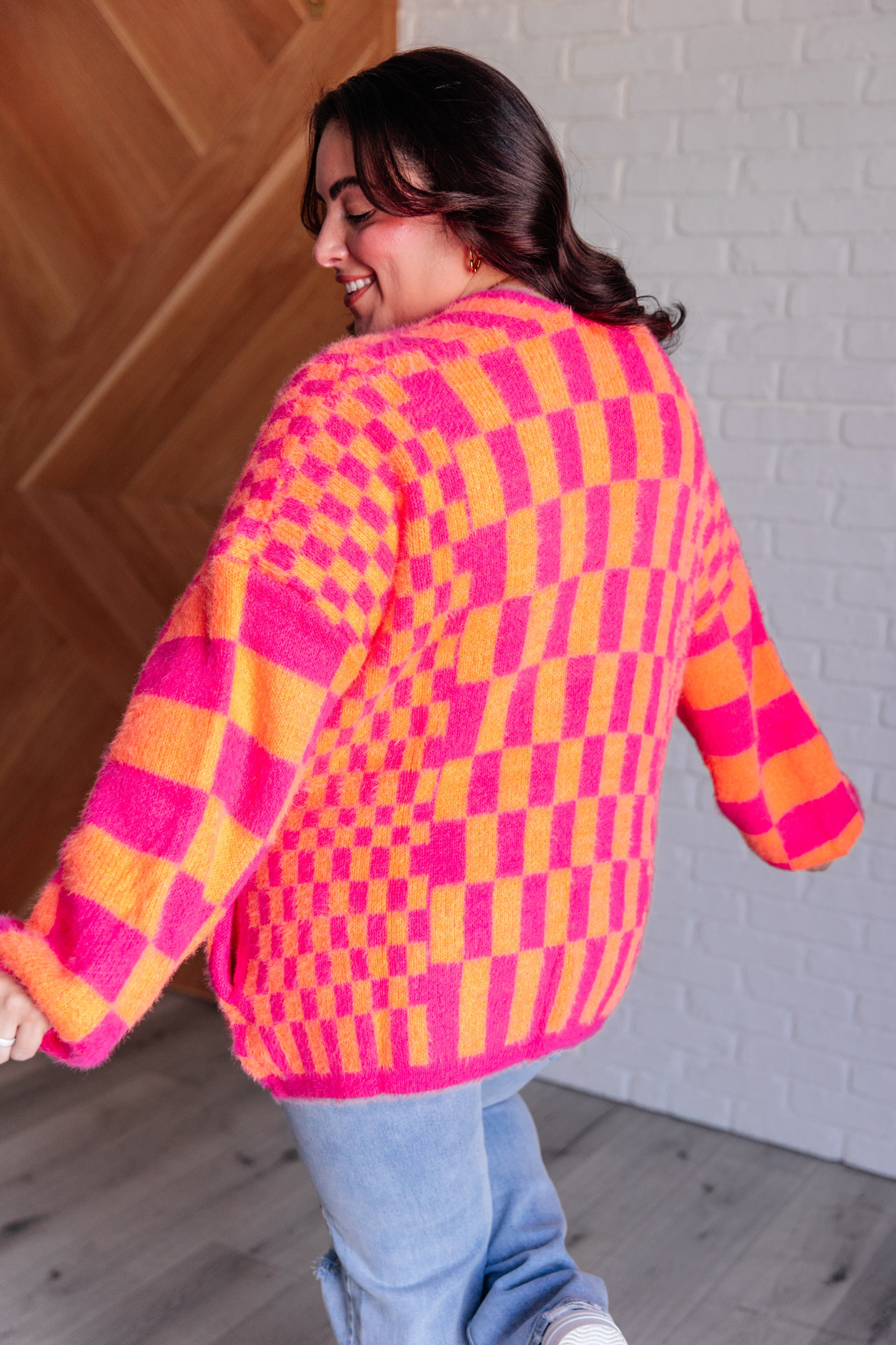 Noticed in Neon Checkered Cardigan in Pink and Orange