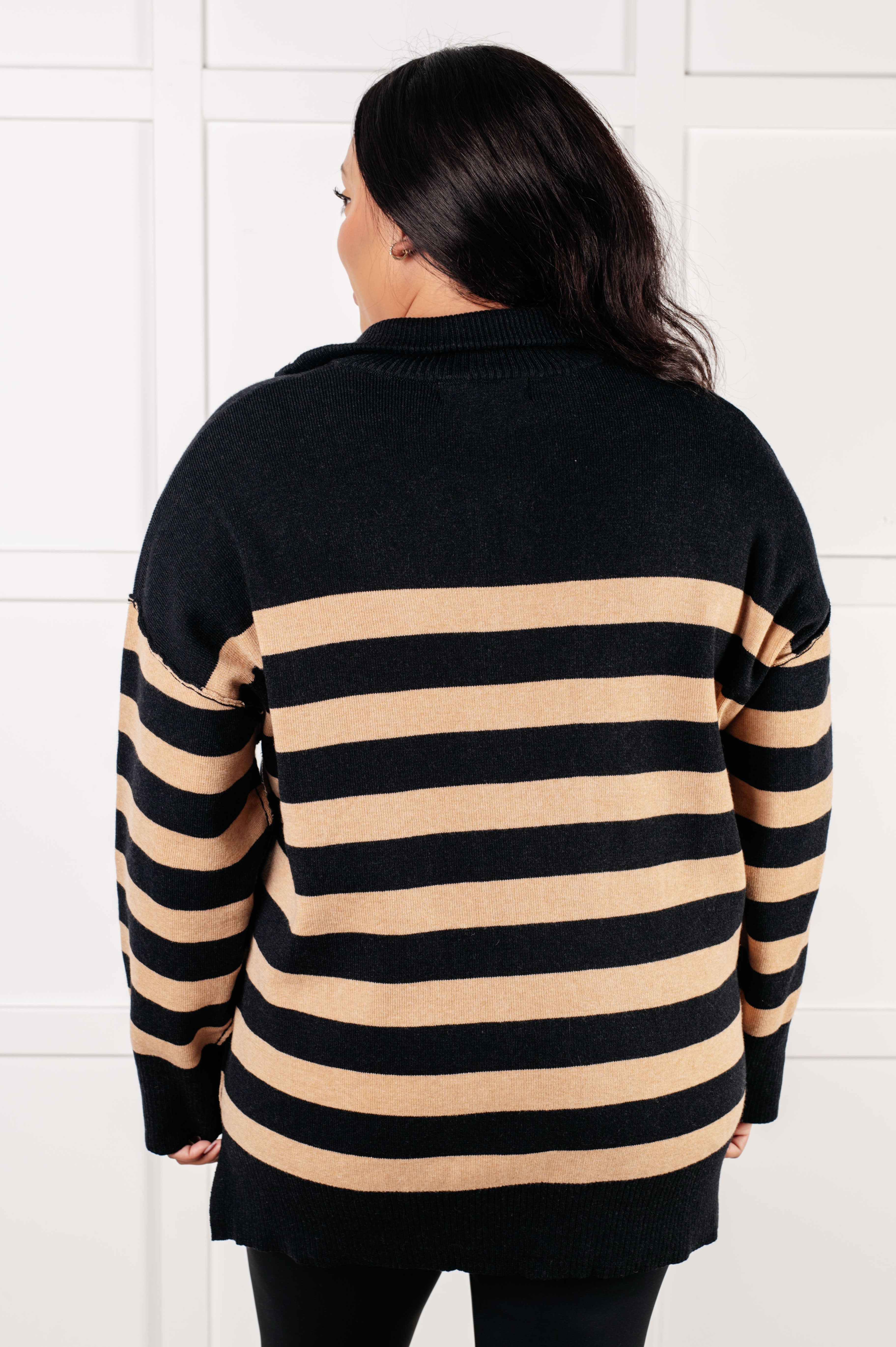 Well Situated Striped Quarter Zip Sweater in Black and Tan