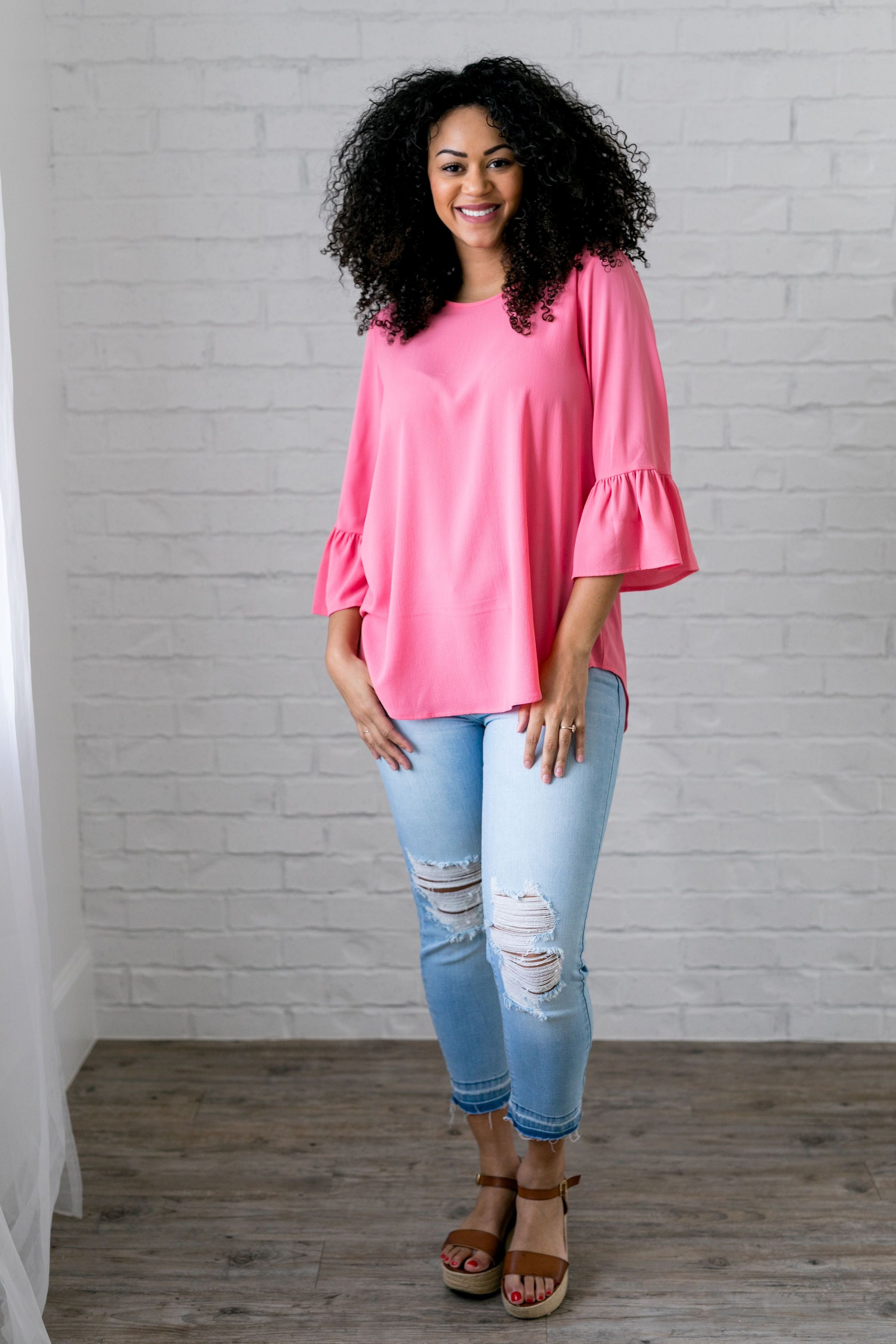 Trumpet Sleeve Blouse In Petunia Pink