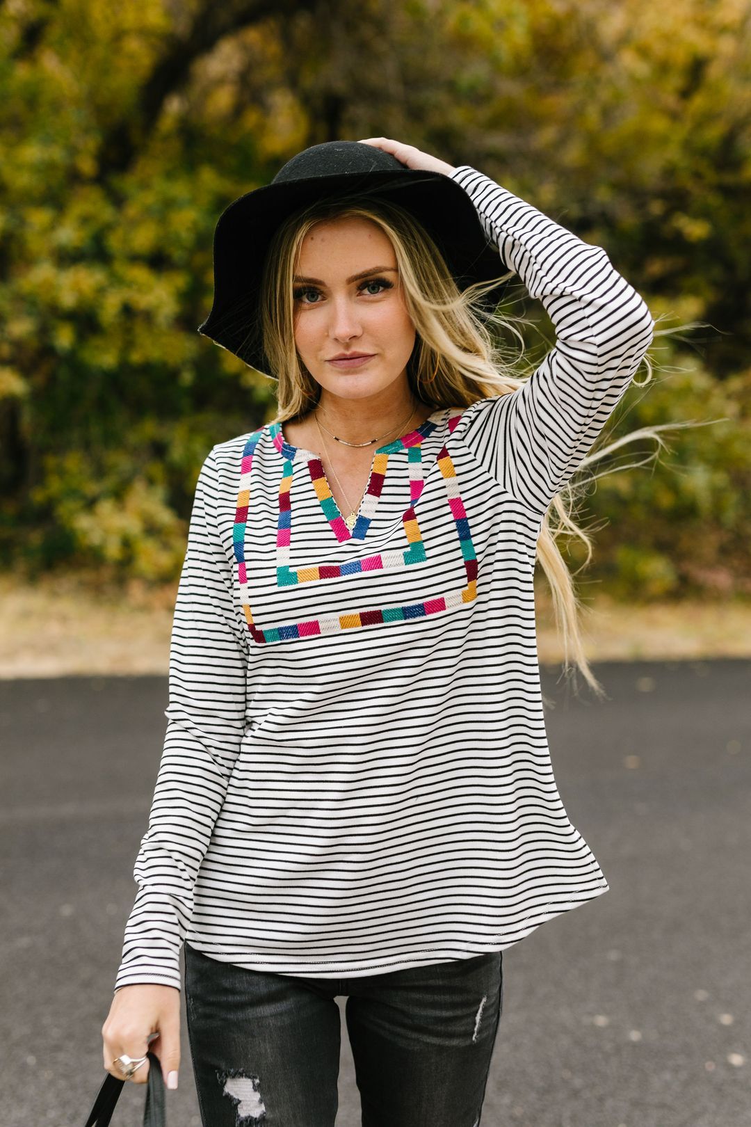 La Moda Striped + Embroidered Top