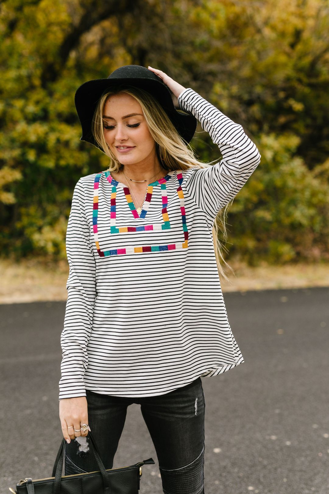 La Moda Striped + Embroidered Top