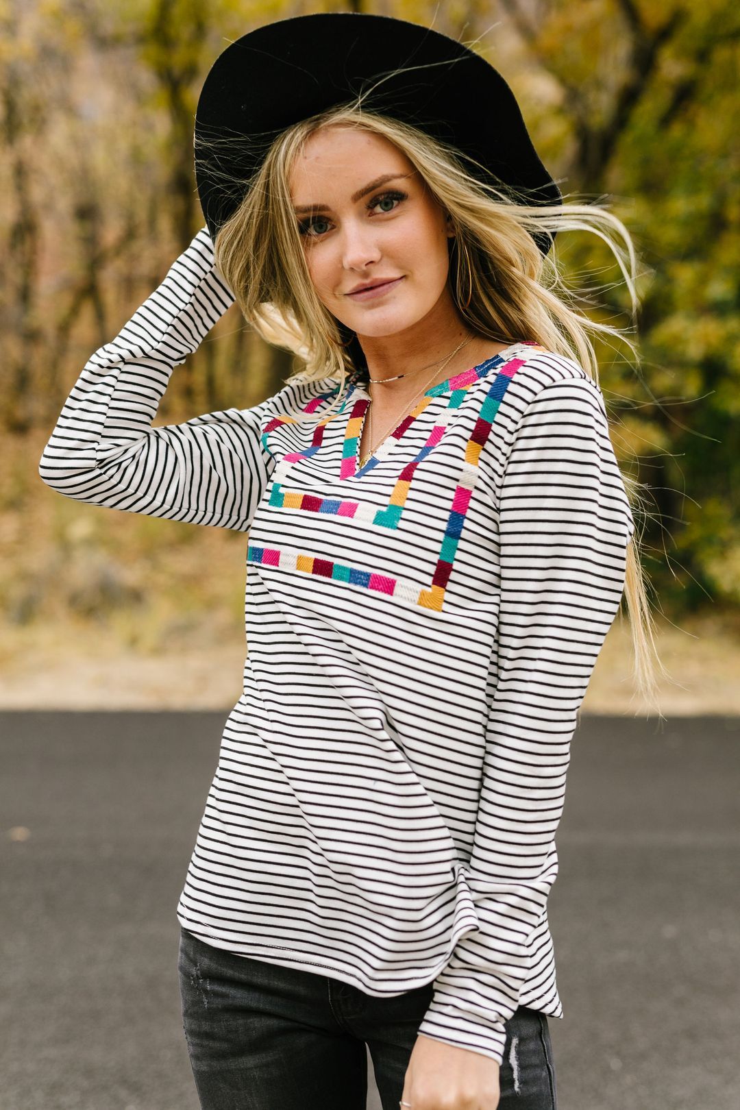 La Moda Striped + Embroidered Top