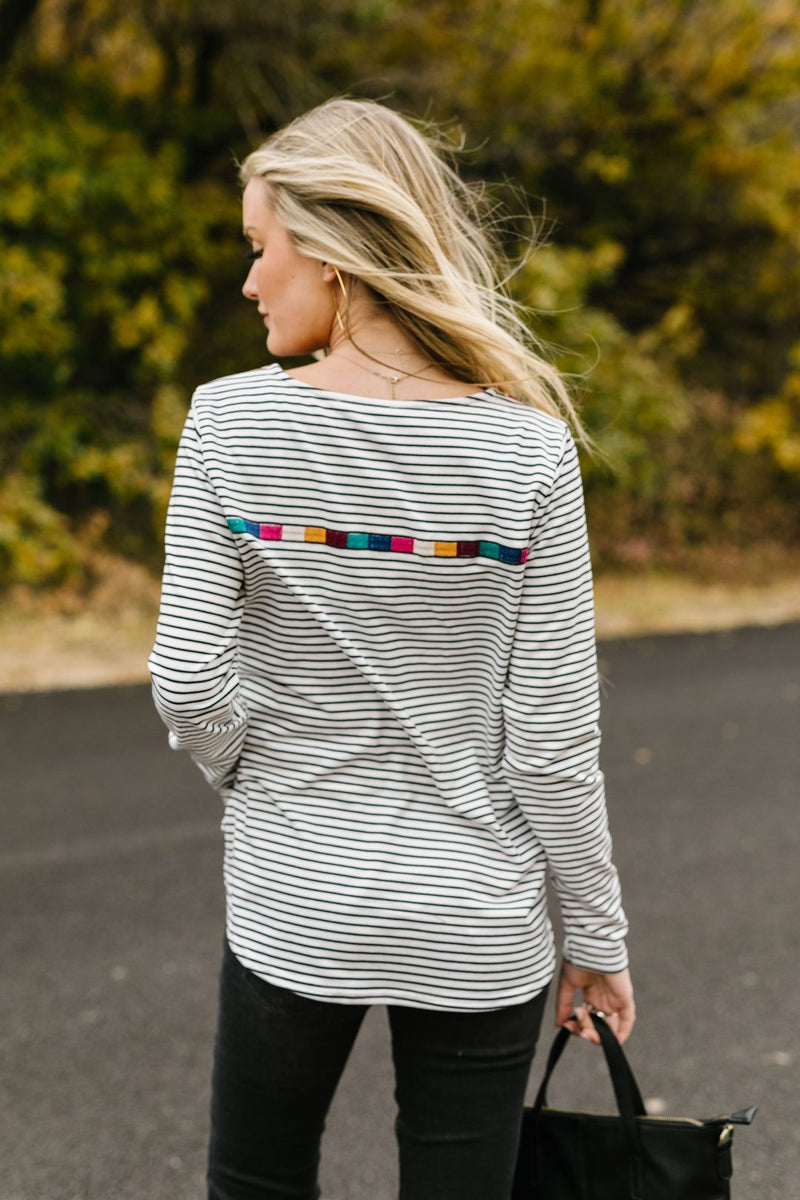 La Moda Striped + Embroidered Top