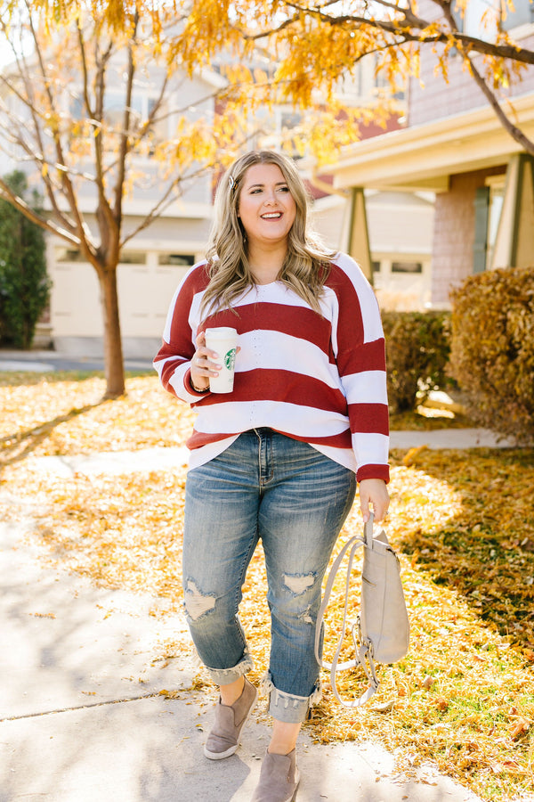 Room With A View Striped V-Neck Sweater in Rust