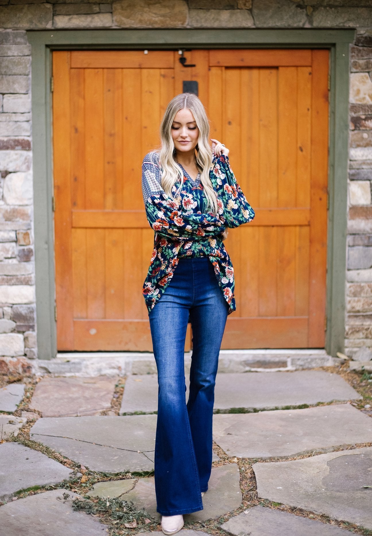 Fanciful Fall Floral Blouse In Blue