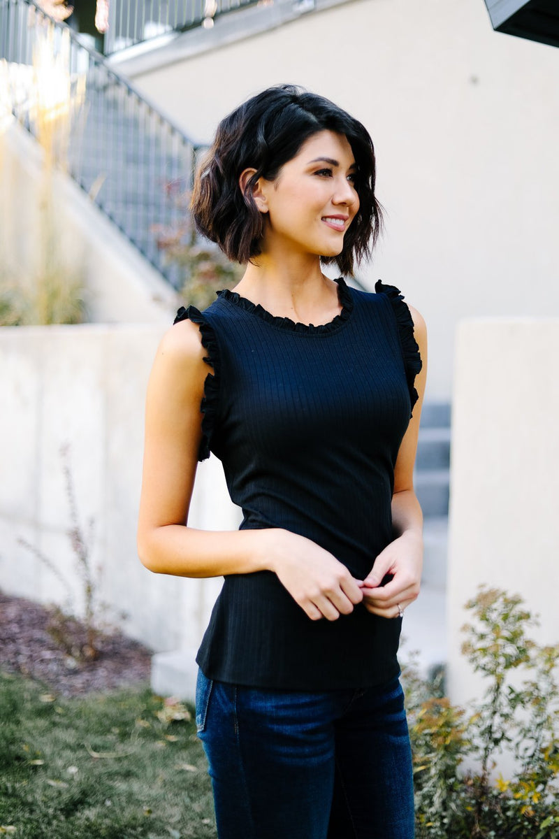 Ruffled Mock Neck Sleeveless Top