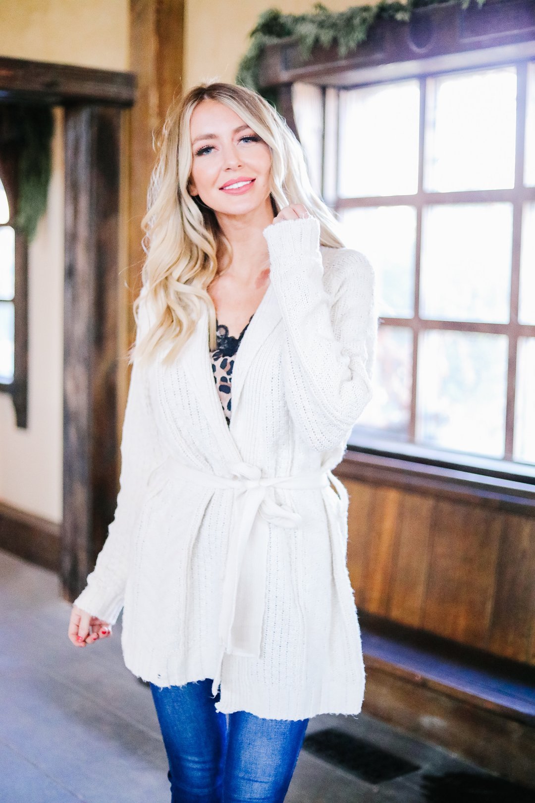 Cable Knit Belted Cardigan In Cream