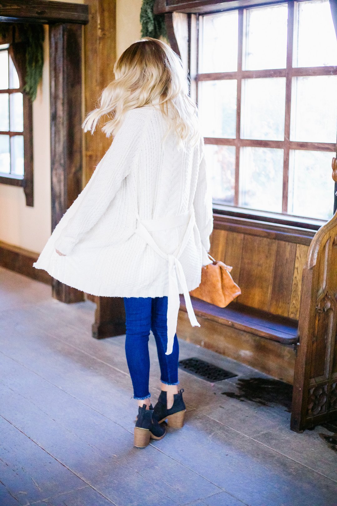 Cable Knit Belted Cardigan In Cream