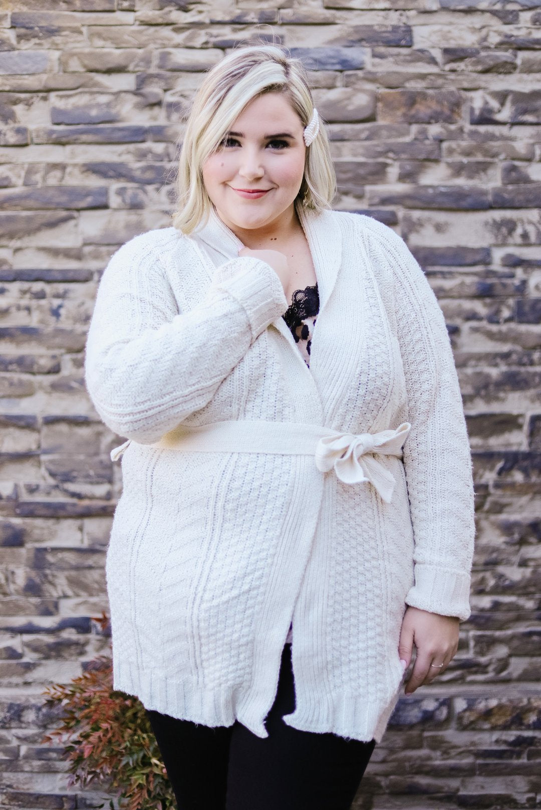 Cable Knit Belted Cardigan In Cream