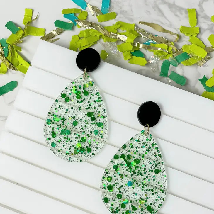 Green Confetti Teardrop Dangle Earrings