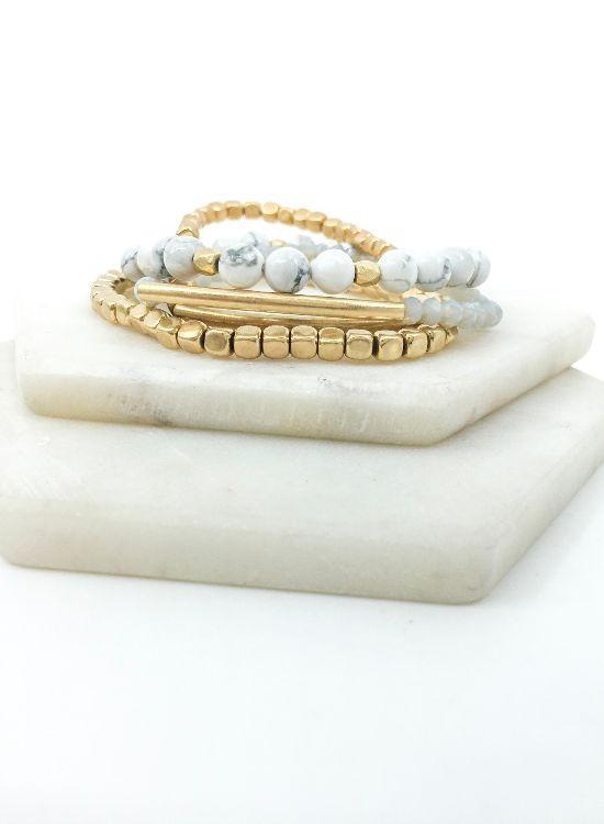 White Stone + Brass Stacked Bracelet