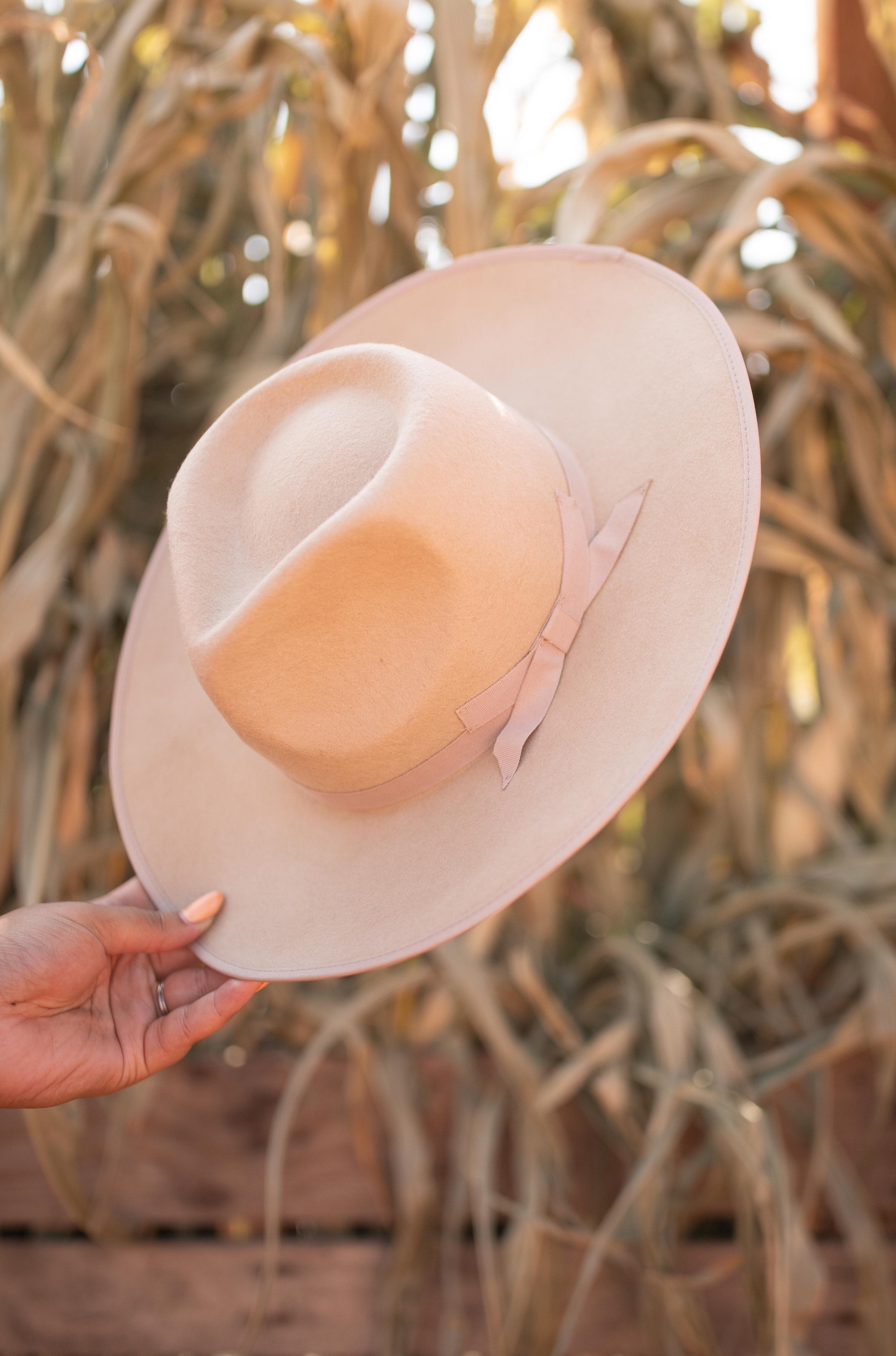 Ribboned Flat Brim Hat in Oat