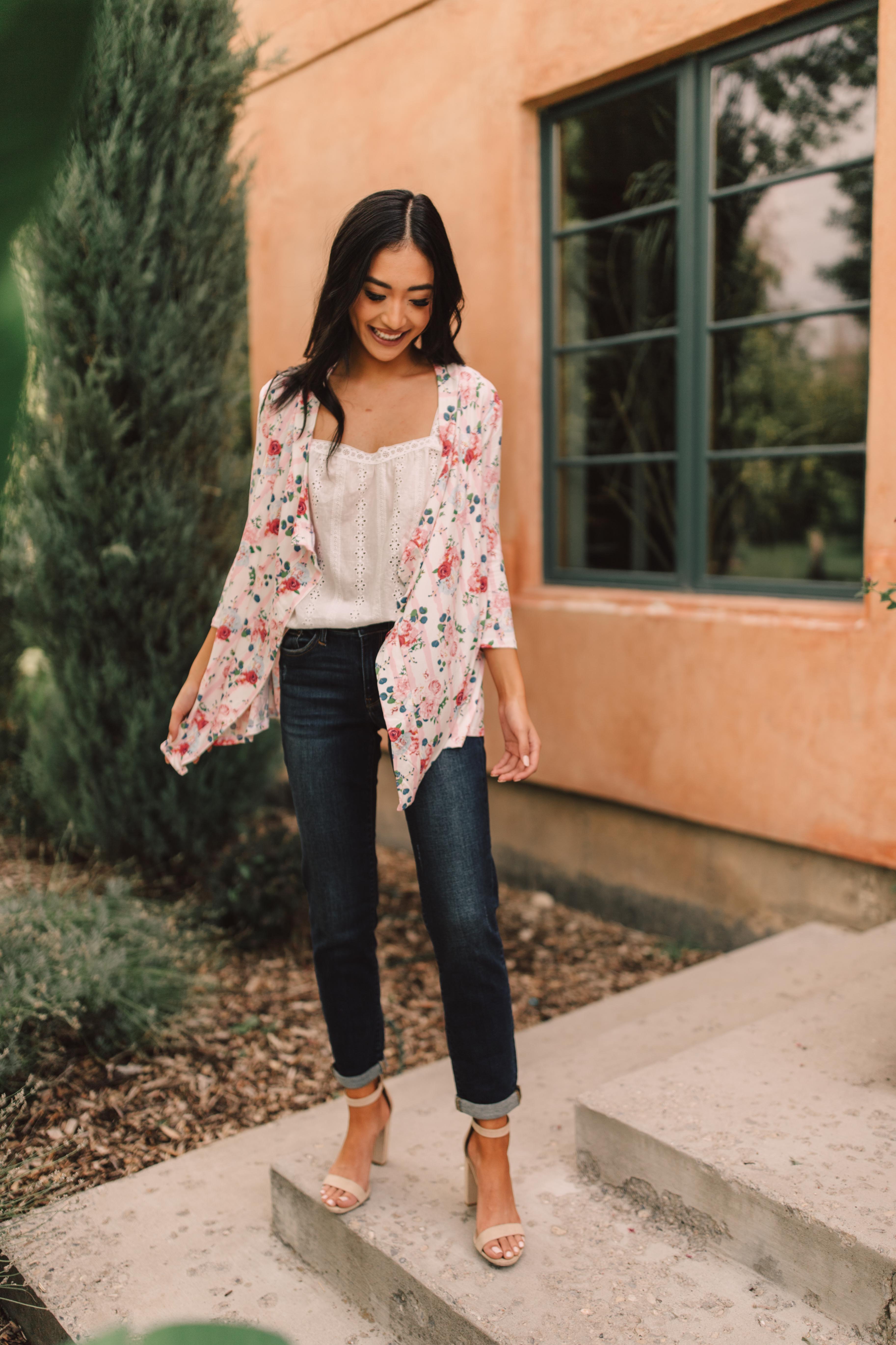 Blossoms On Subtle Stripes Cardigan In Pink