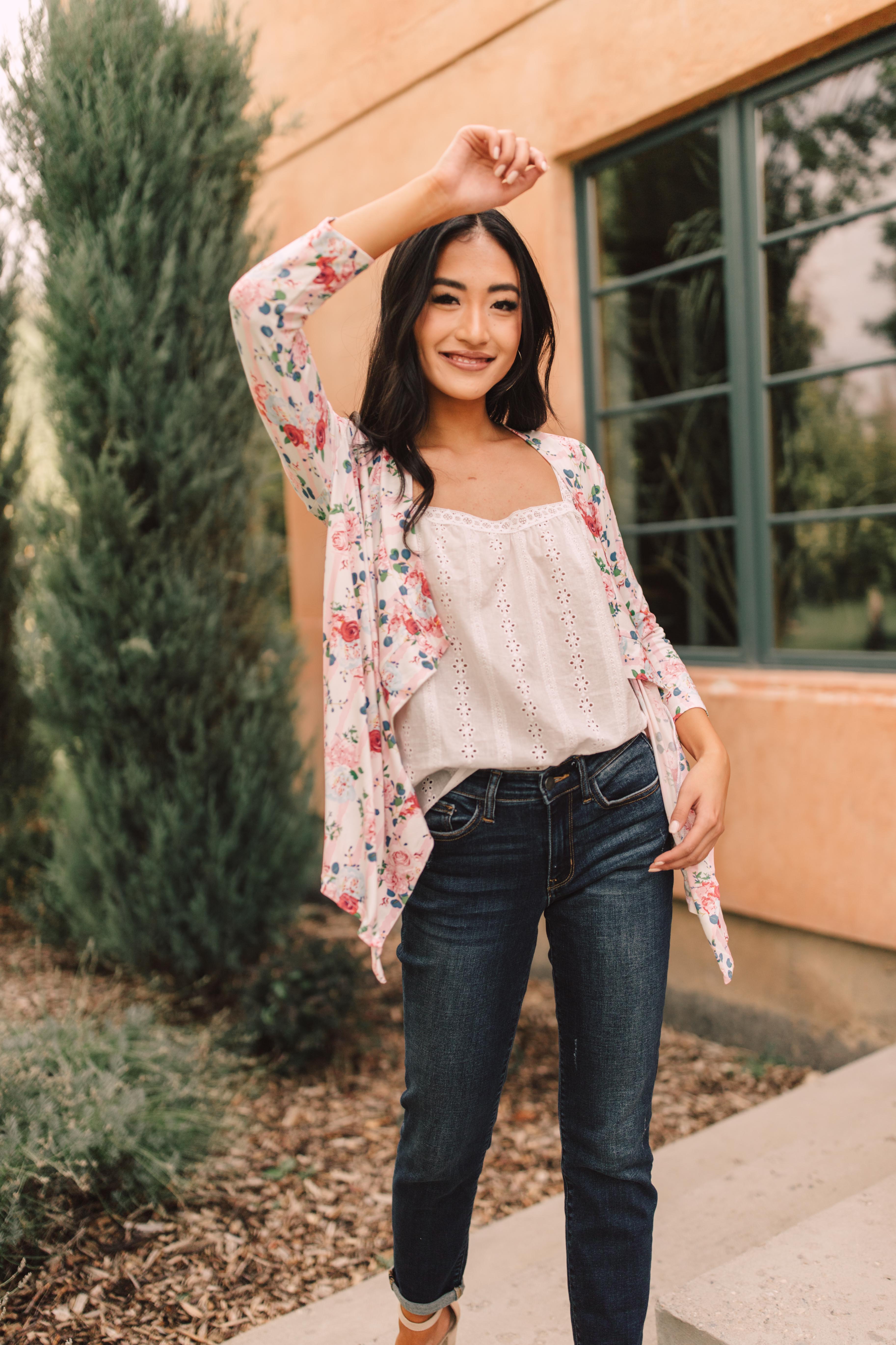 Blossoms On Subtle Stripes Cardigan In Pink