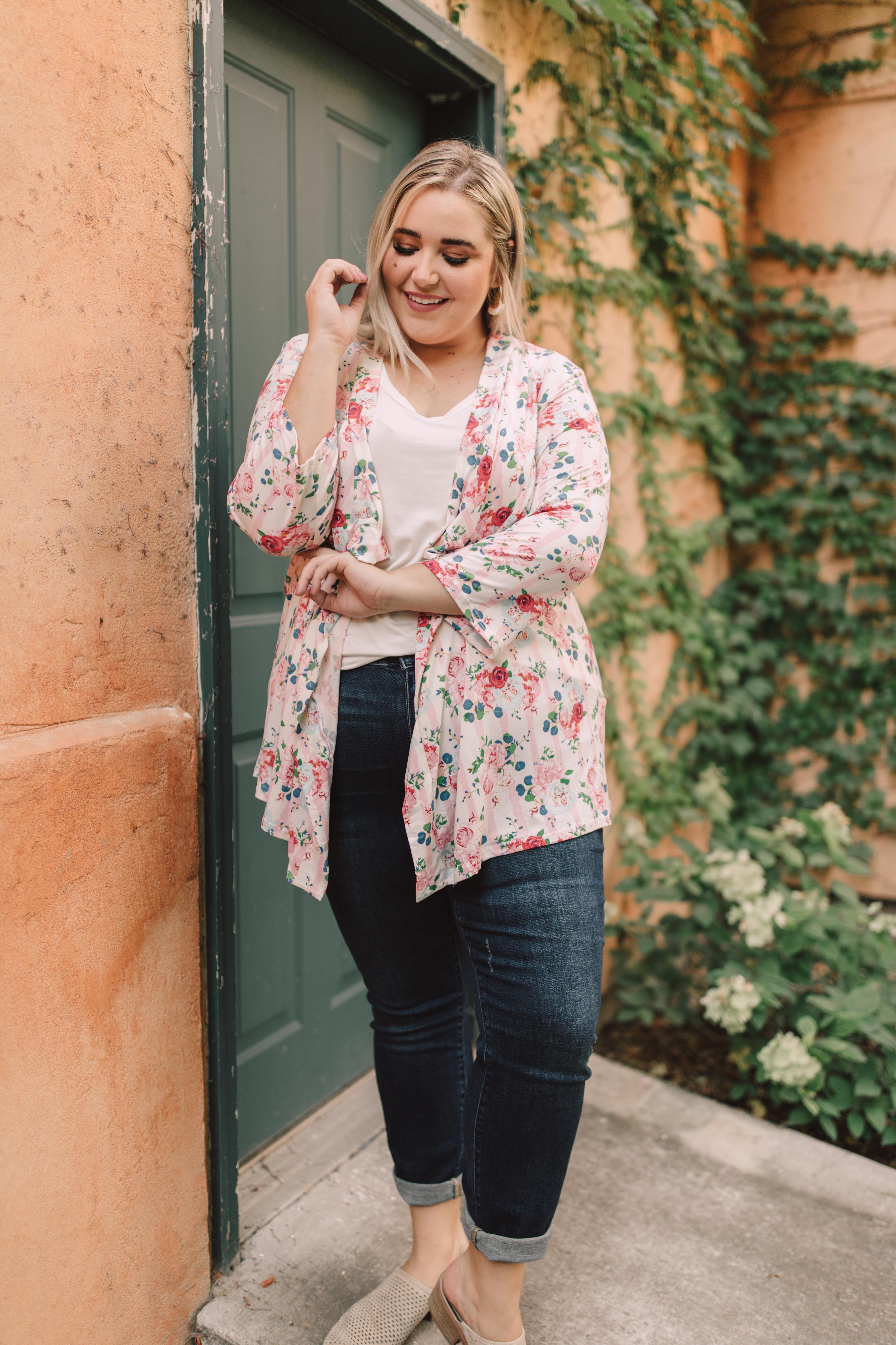 Blossoms On Subtle Stripes Cardigan In Pink