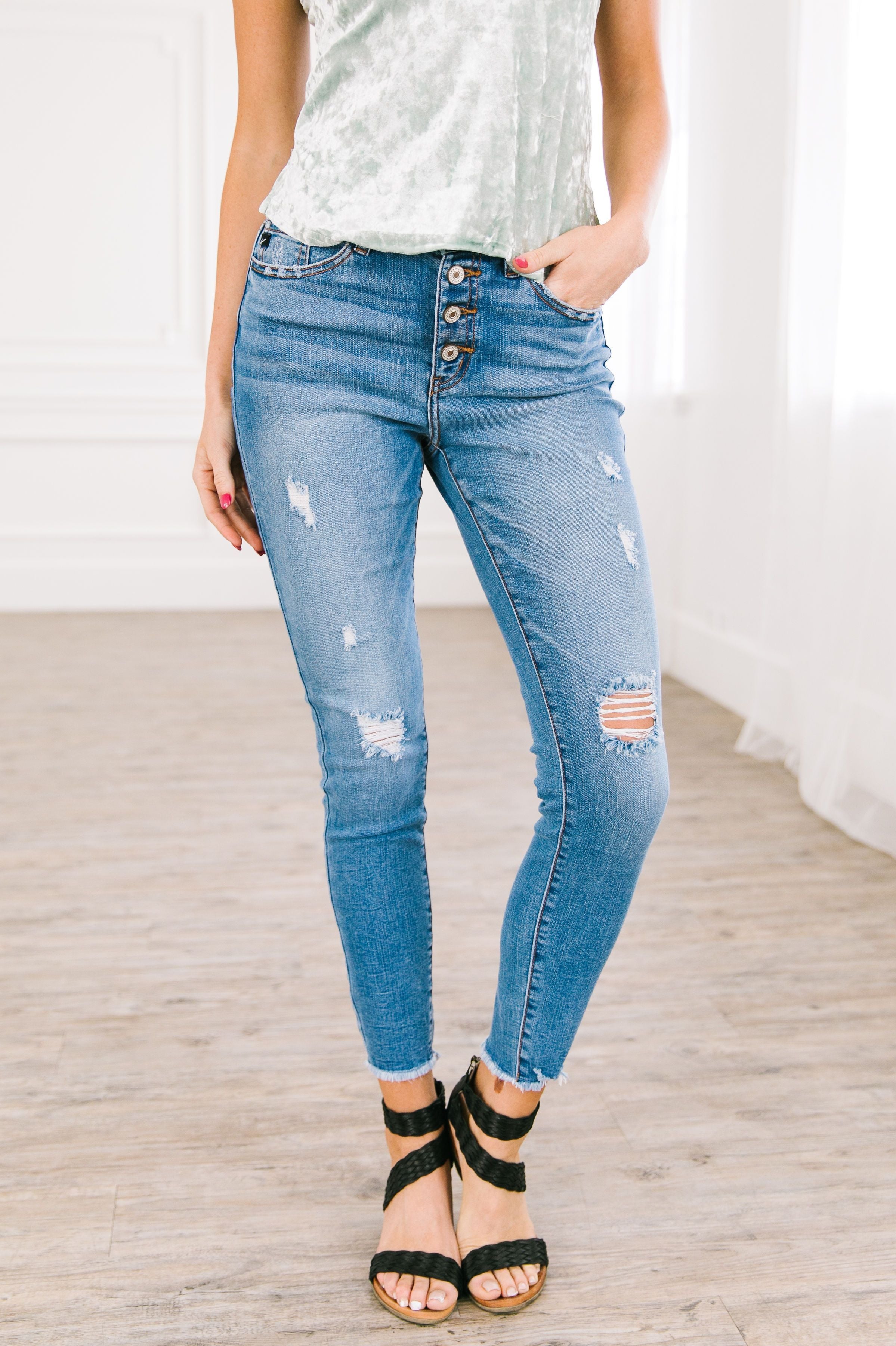 Button Fly High Rise Distressed Skinny Jeans