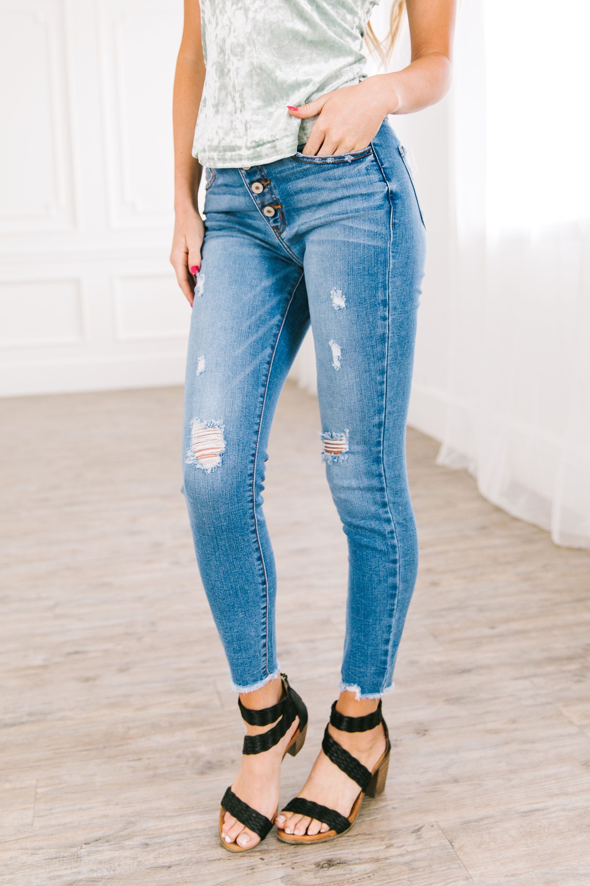 Button Fly High Rise Distressed Skinny Jeans