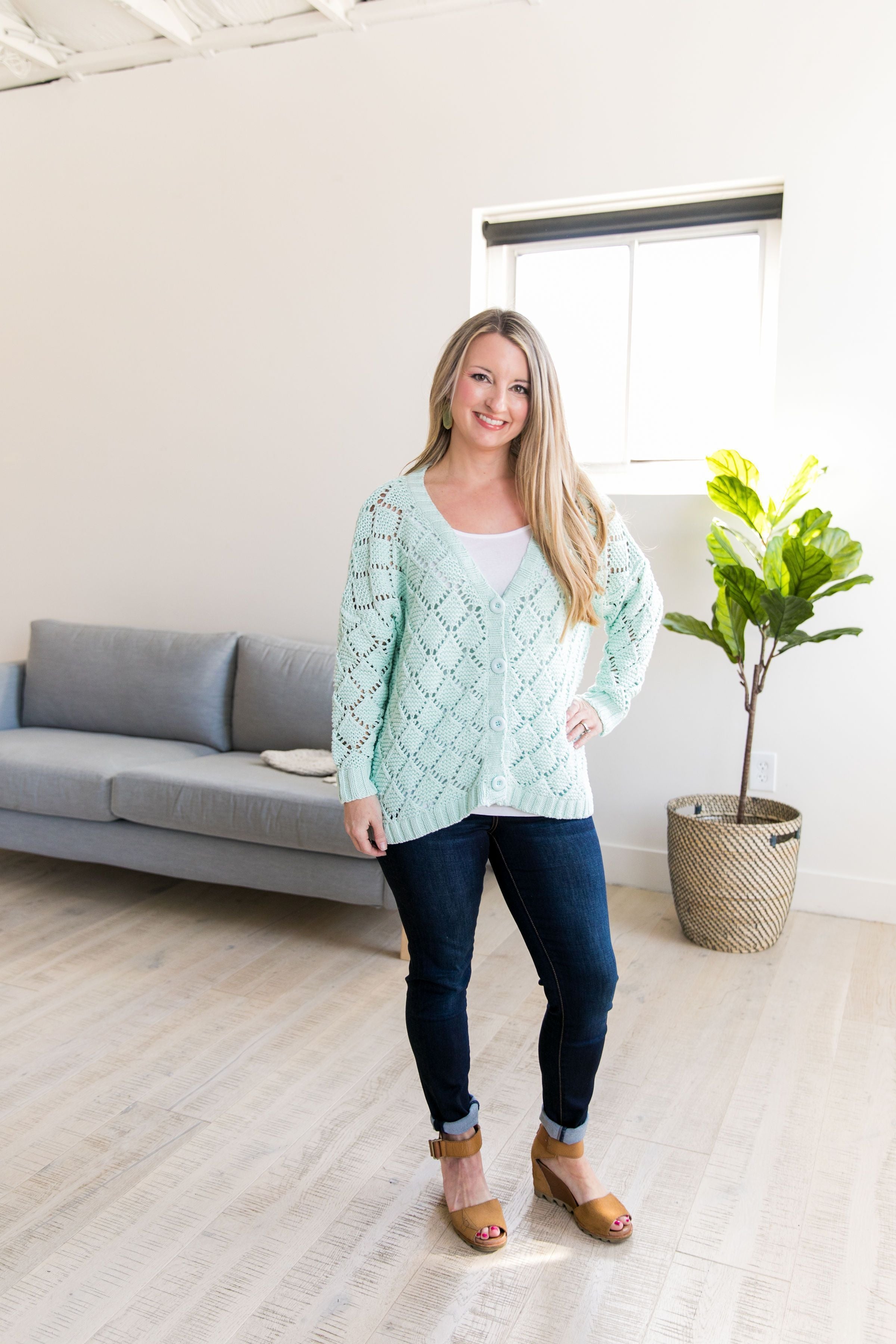 Delilah Diamond Knit Cardi In Mint - ALL SALES FINAL