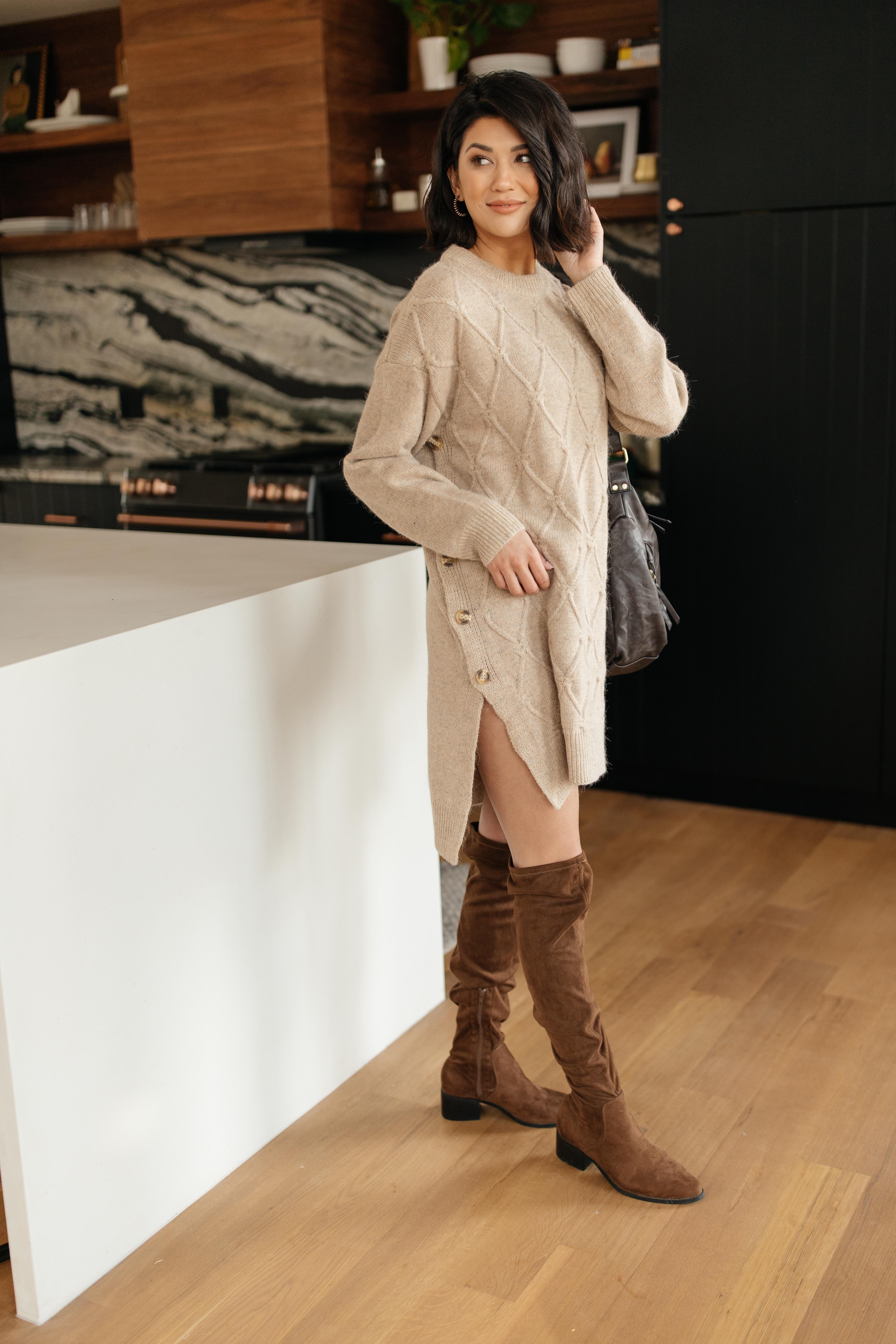 Diamond Details Sweater Dress/Tunic in Beige