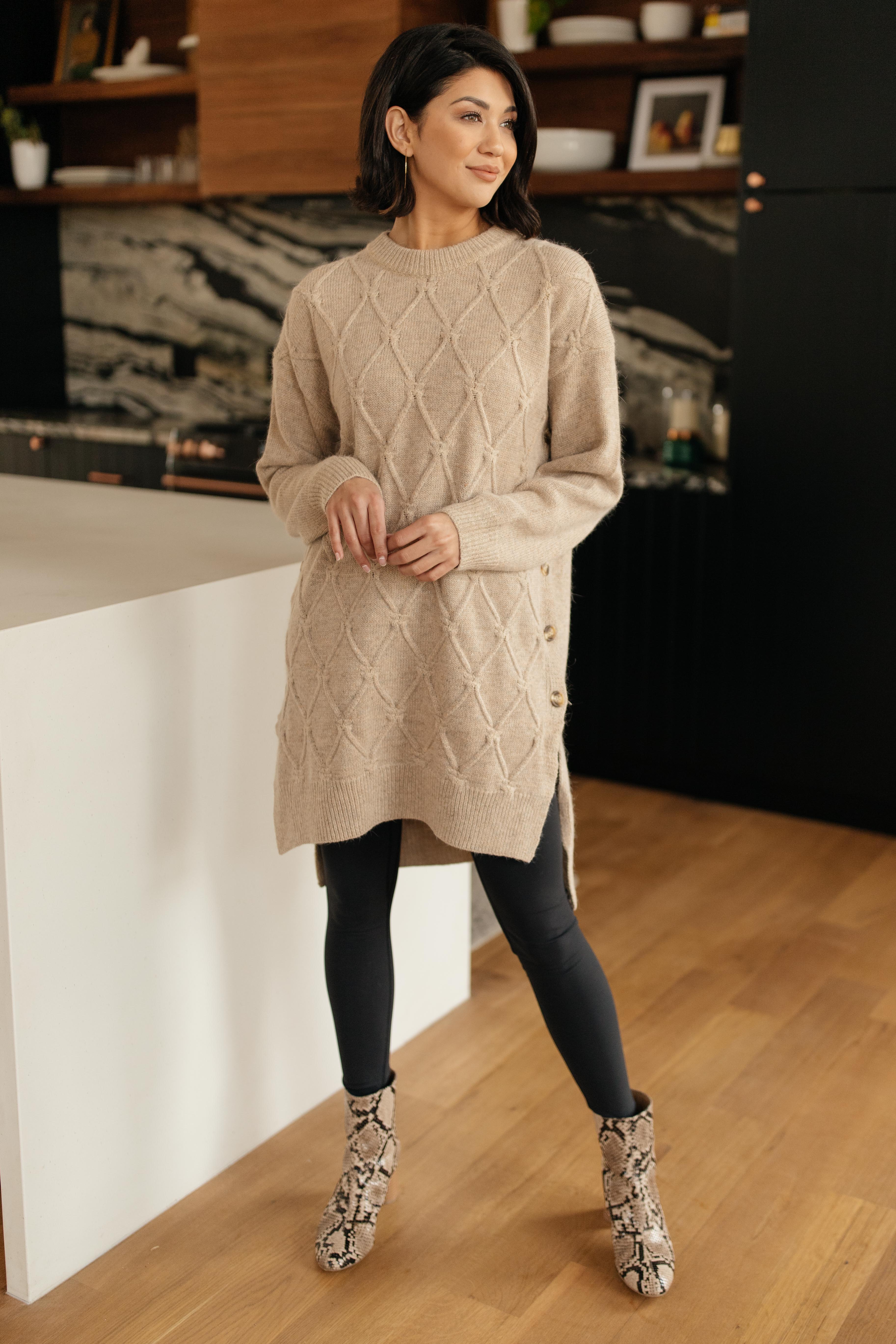 Diamond Details Sweater Dress/Tunic in Beige