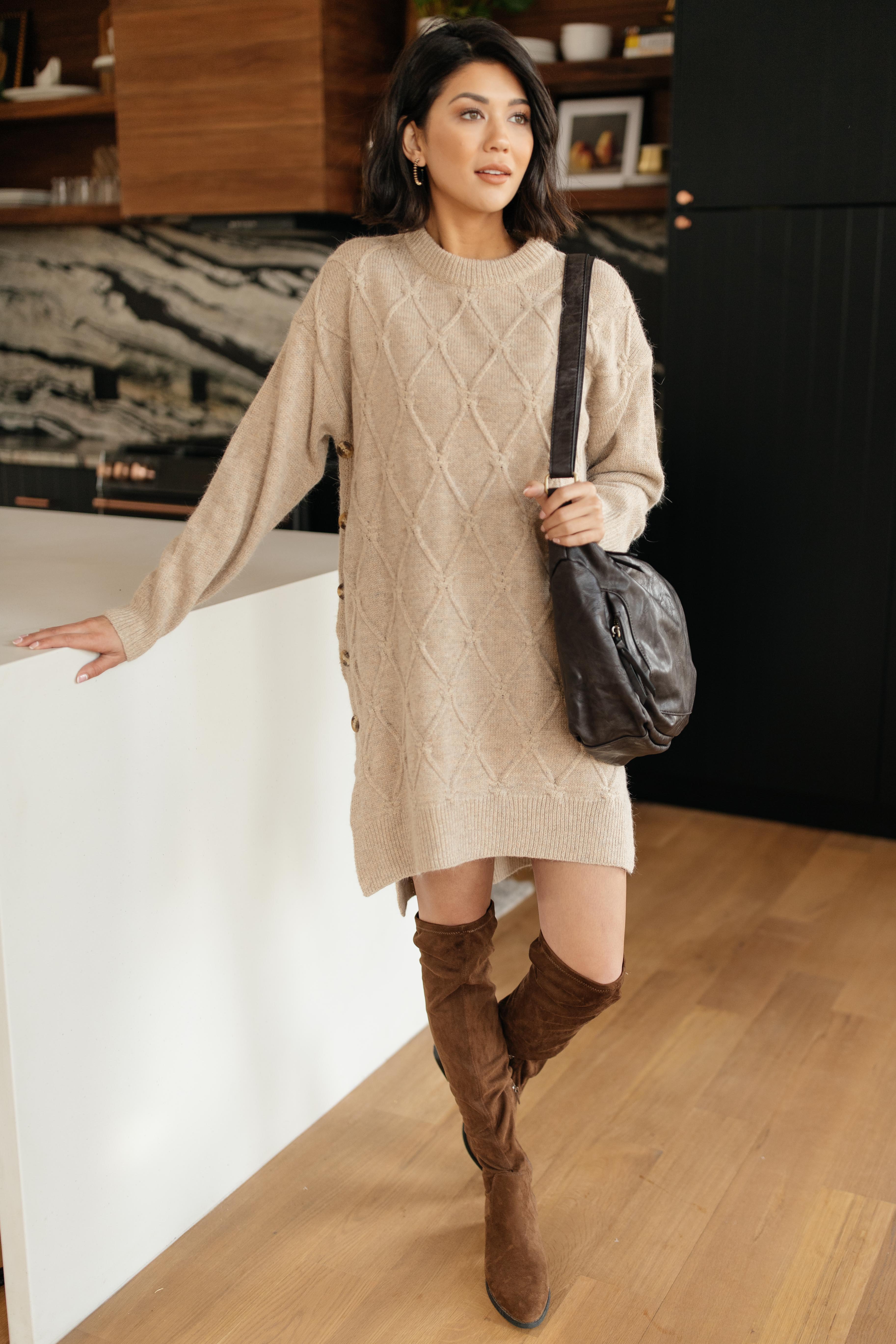 Diamond Details Sweater Dress/Tunic in Beige