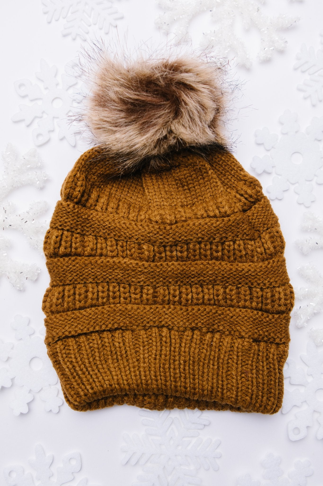 Faux Fur Pom Pom Beanie In Brown