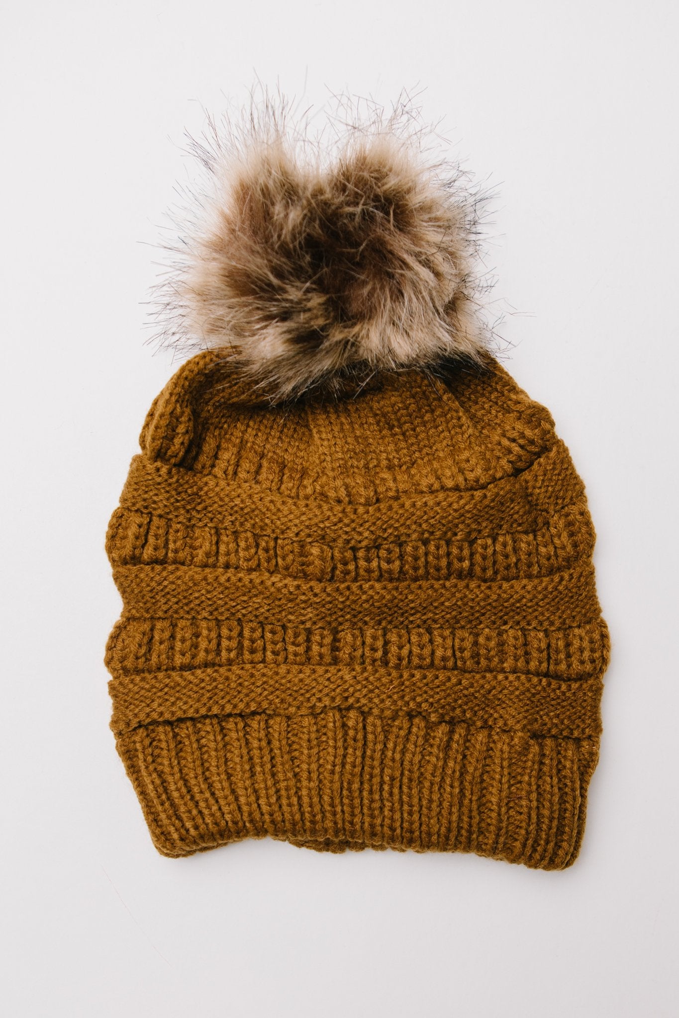 Faux Fur Pom Pom Beanie In Brown