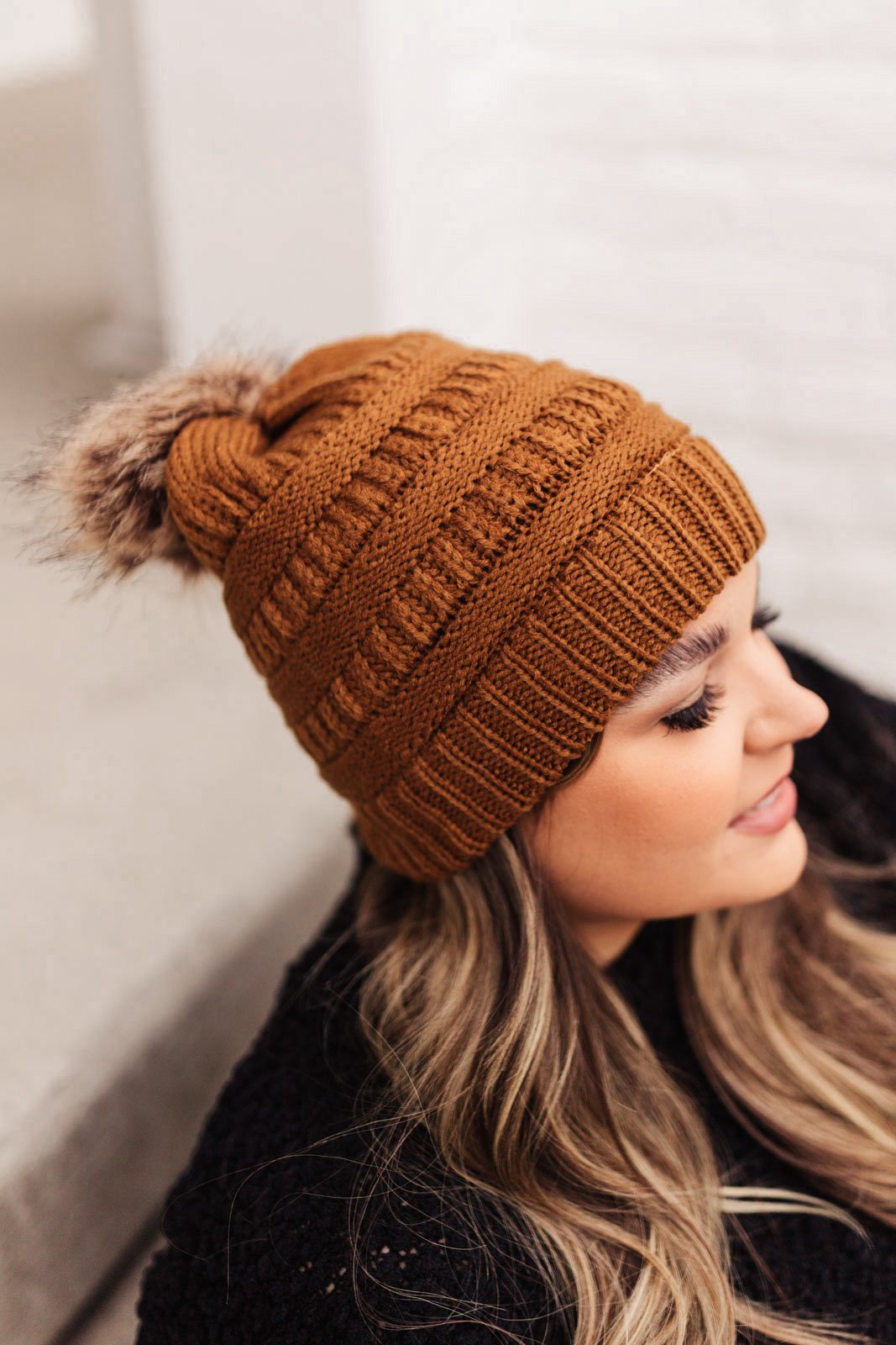 Faux Fur Pom Pom Beanie In Brown