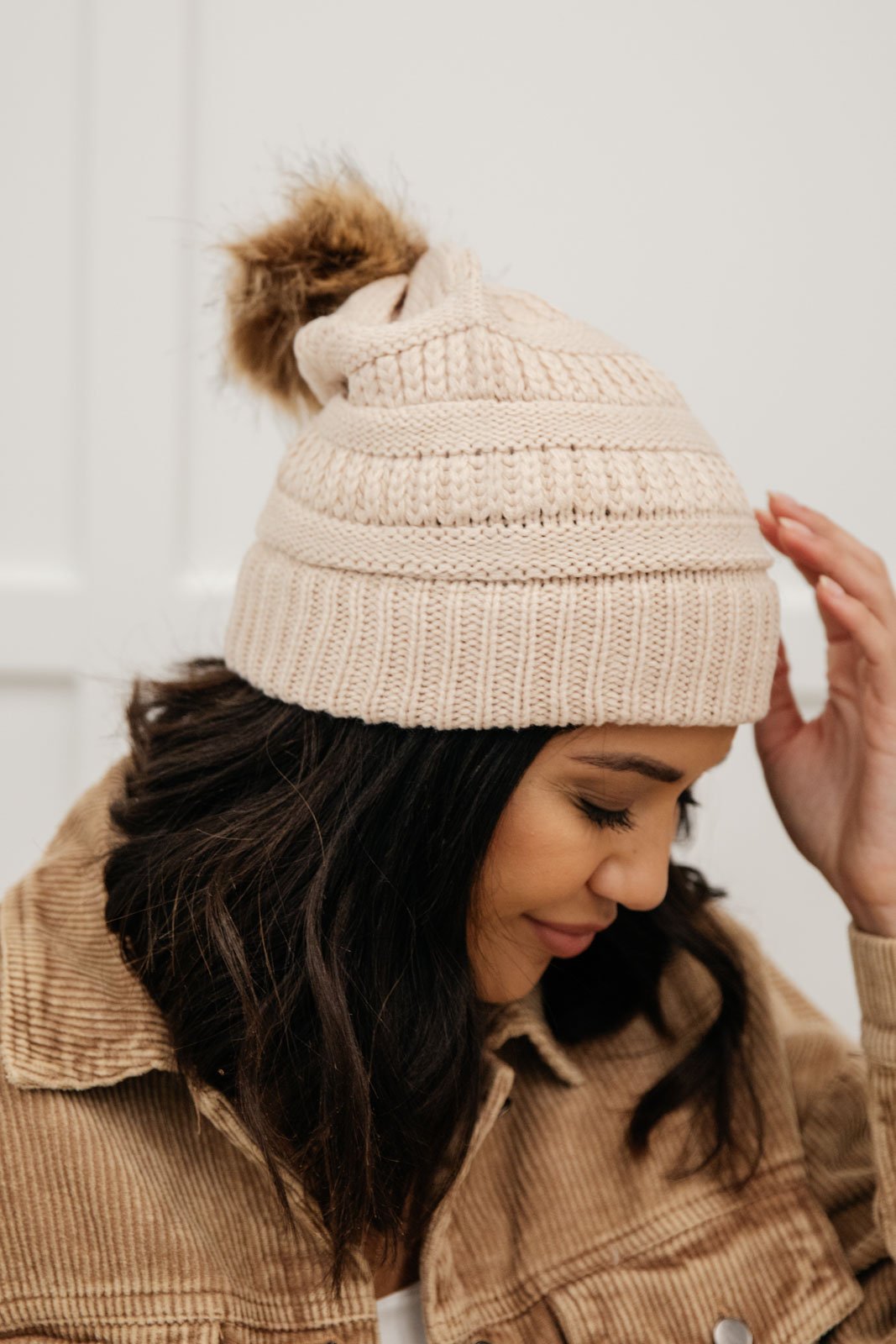 Faux Pom Pom Beanie In Beige