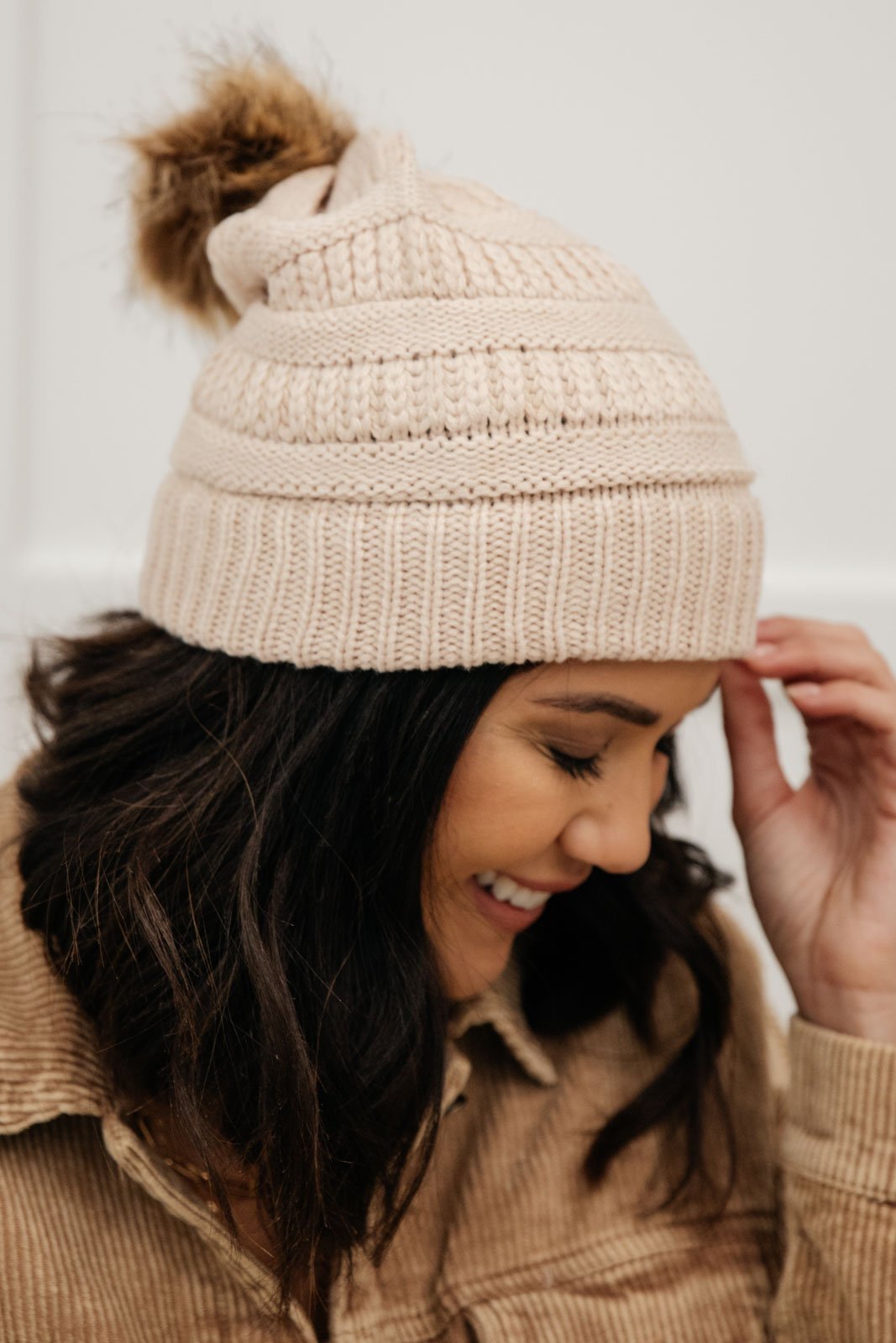 Faux Pom Pom Beanie In Beige