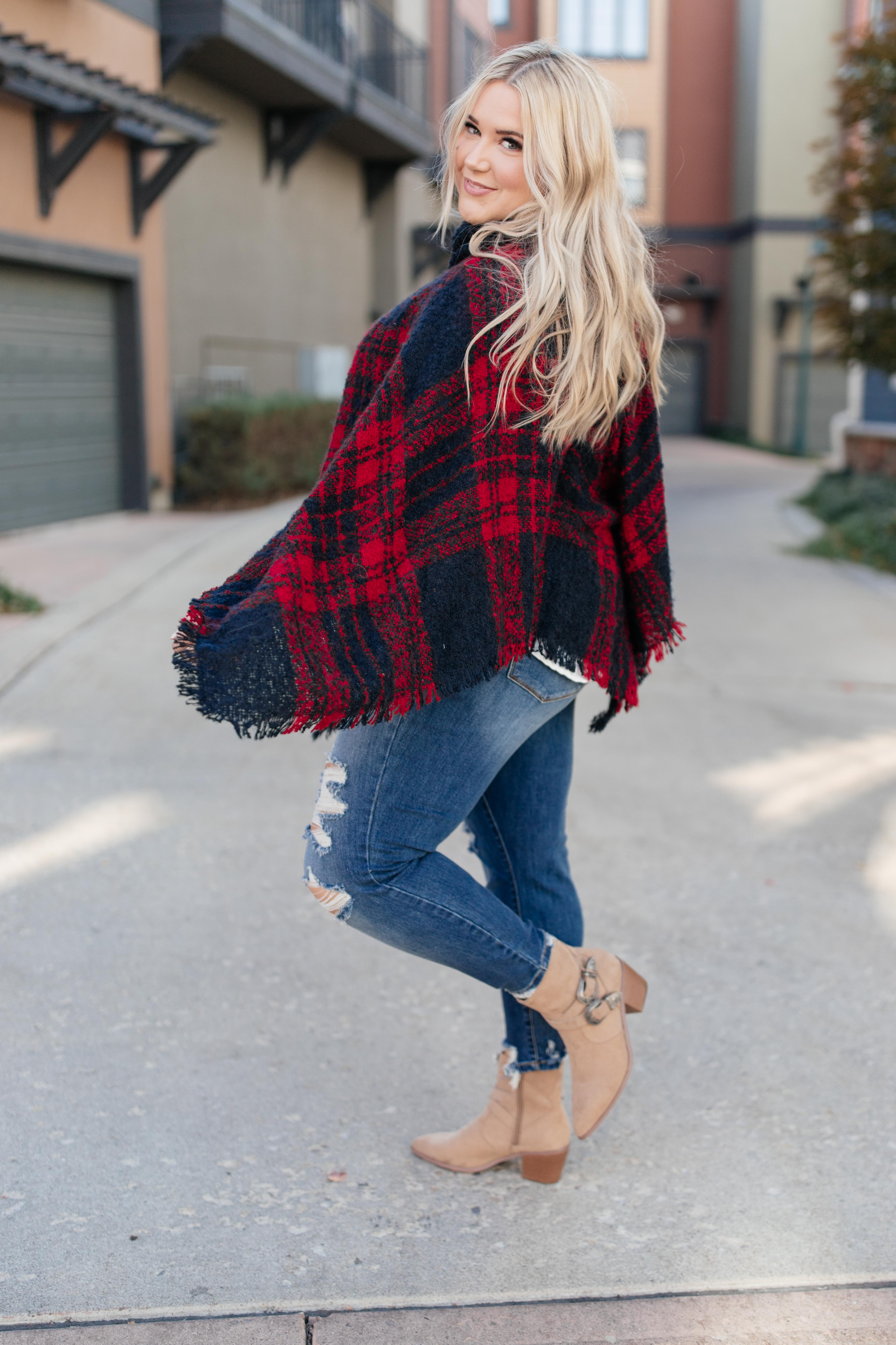 Feelin' The Fringe Plaid Poncho