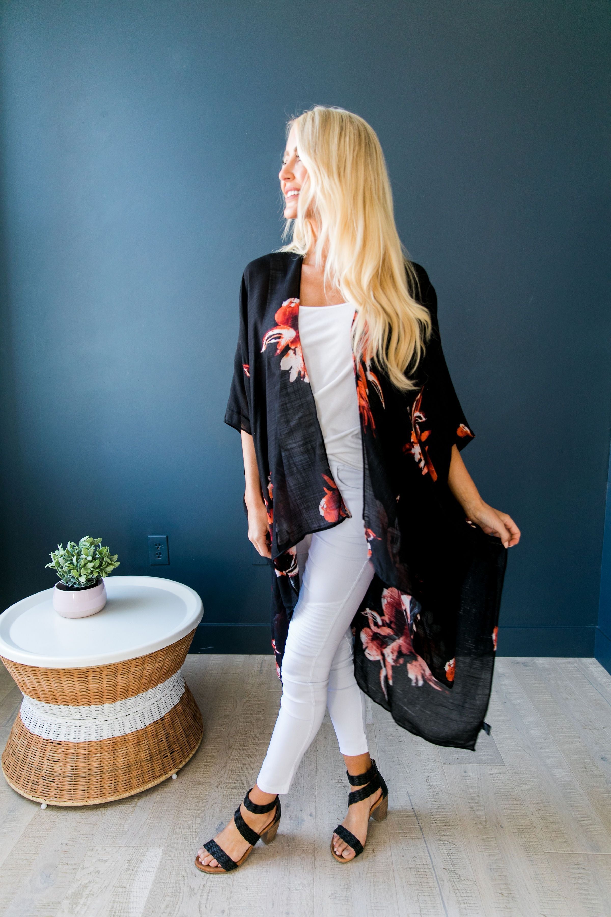 Flowing Floral Kimono in Black