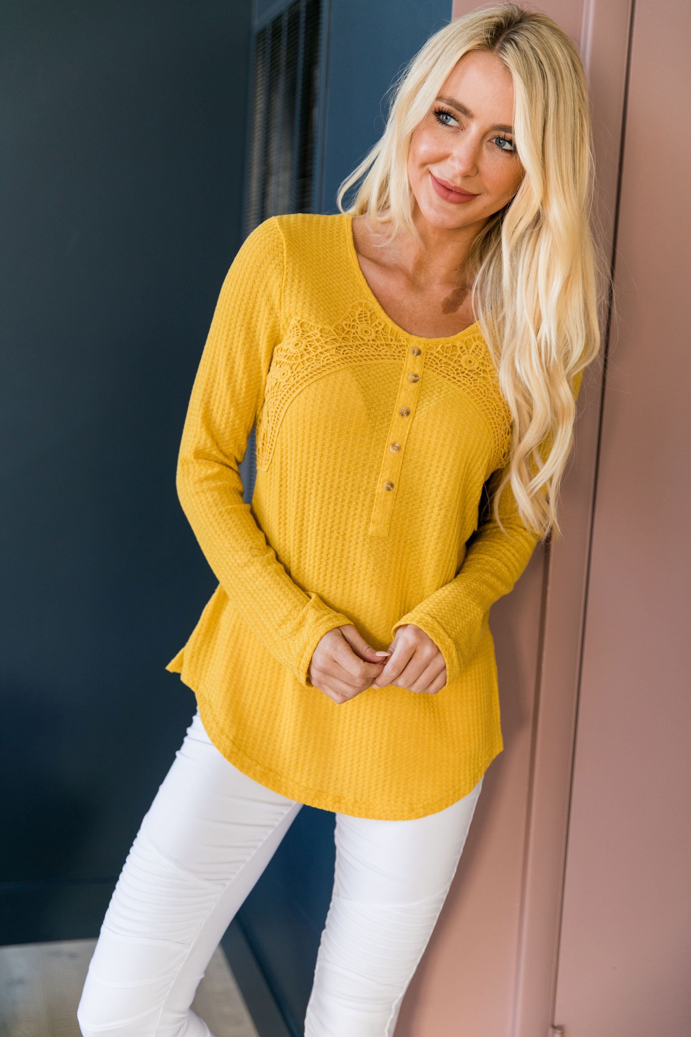 Heidi Lace Trimmed Henley In Honey