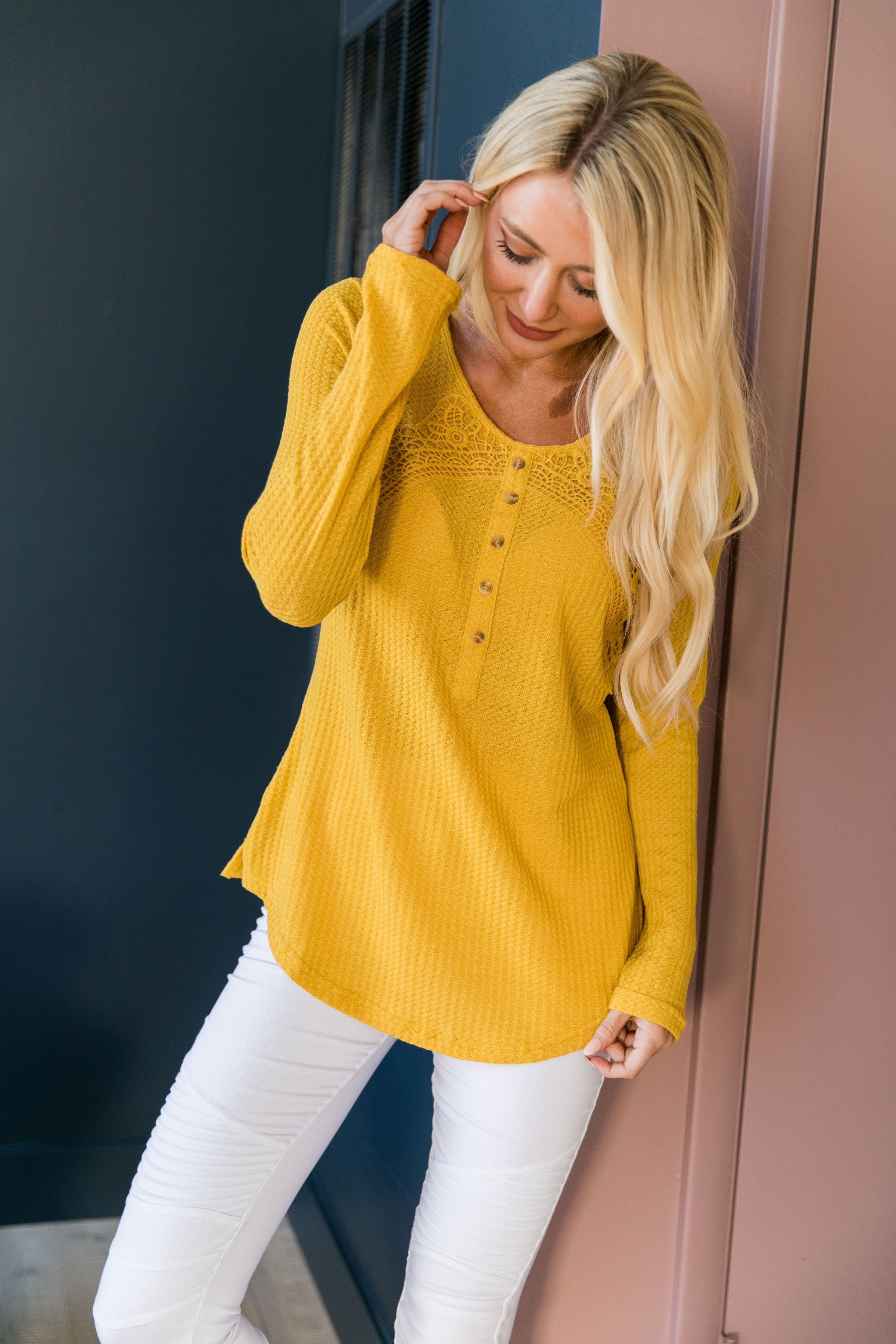 Heidi Lace Trimmed Henley In Honey