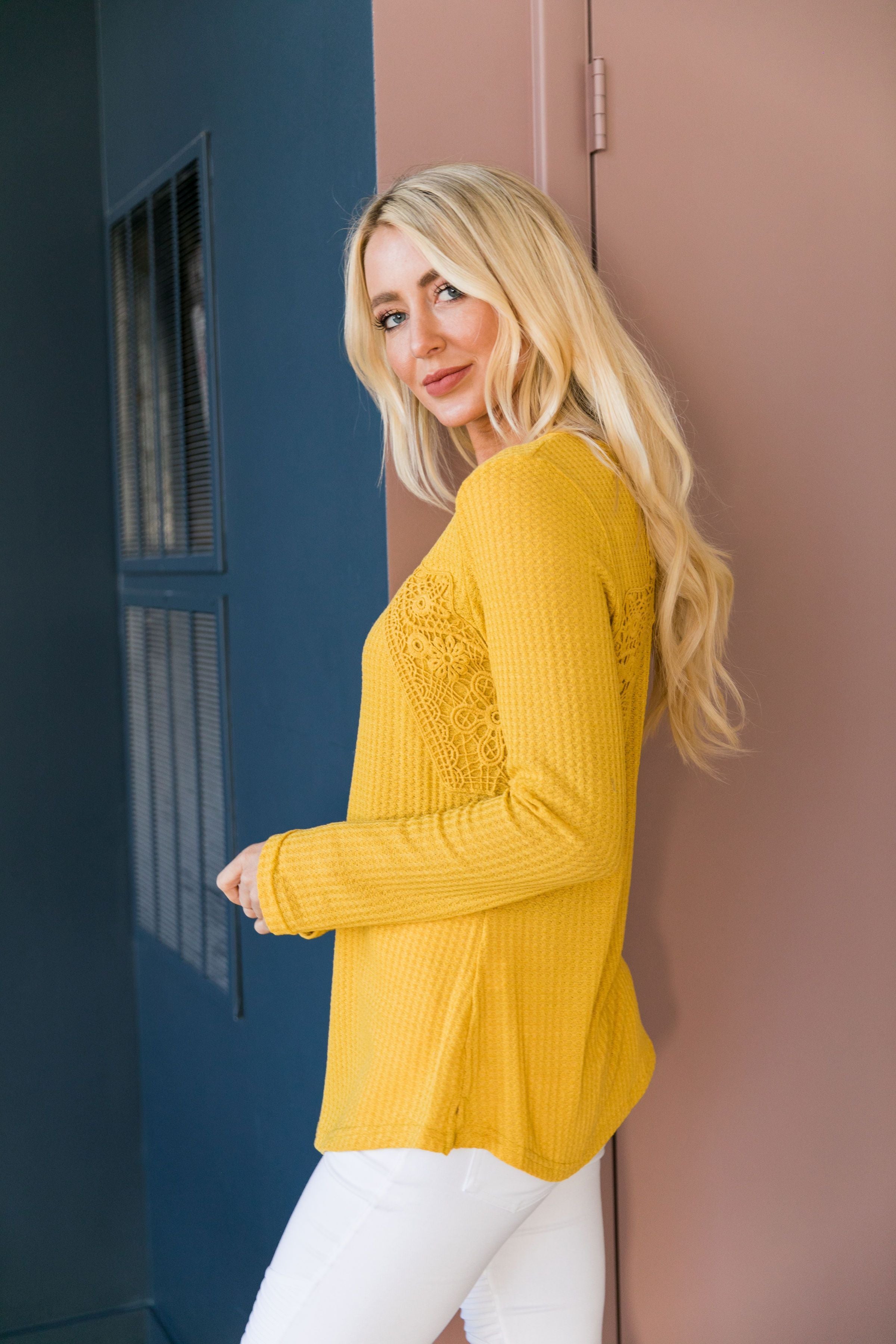 Heidi Lace Trimmed Henley In Honey