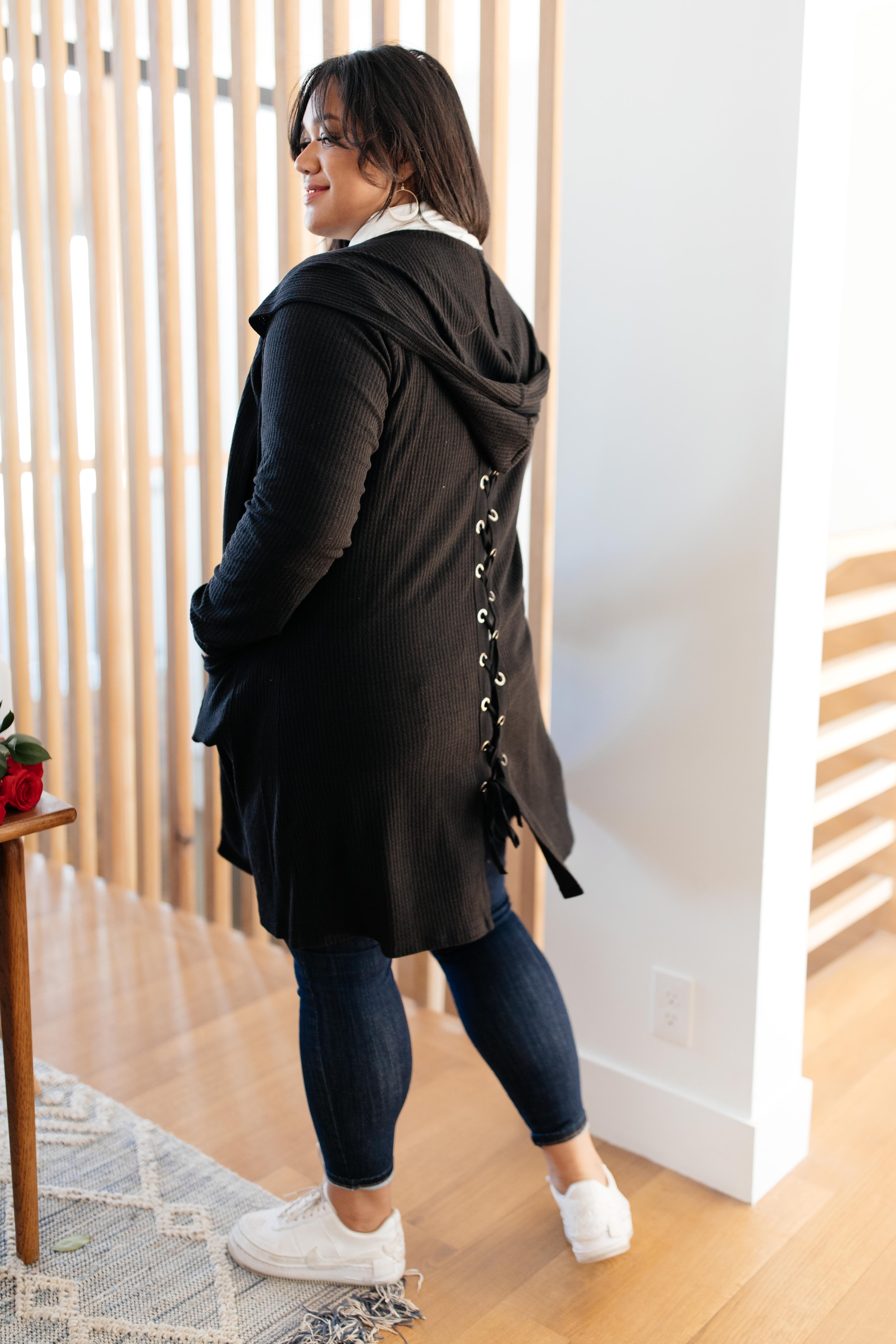 Hooded and Laced Cardigan in Black