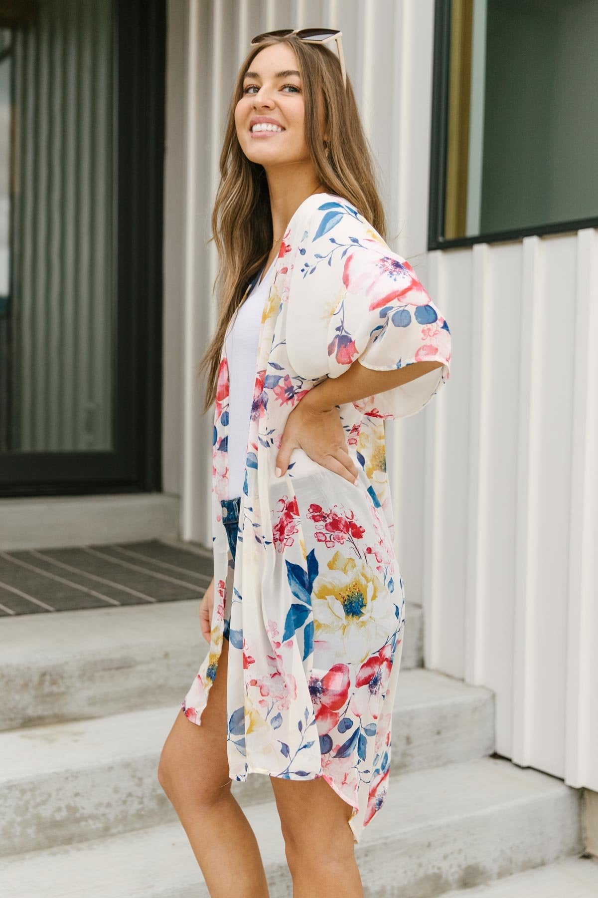 Lightweight Floral Kimono In Ivory