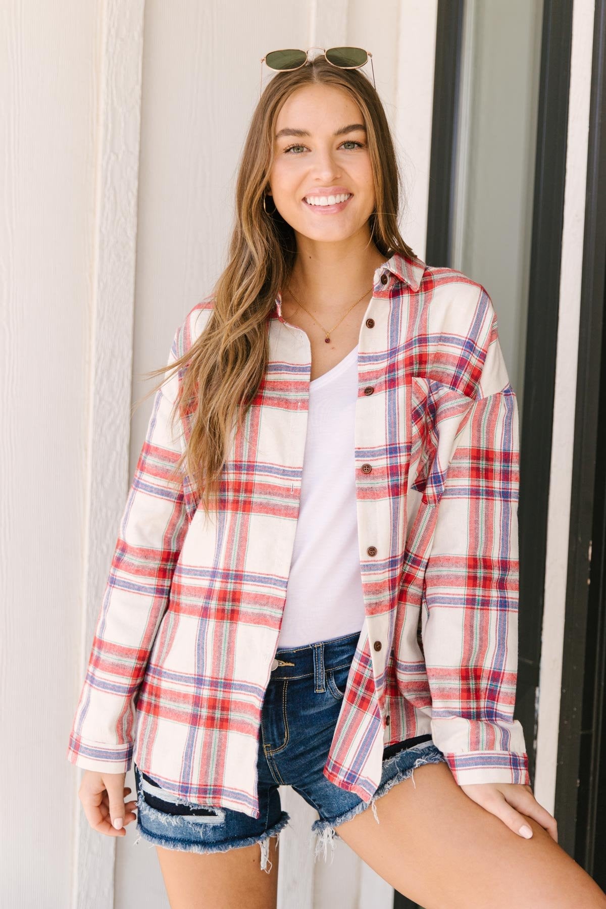 Pretty In Plaid Button-Up Top in Red