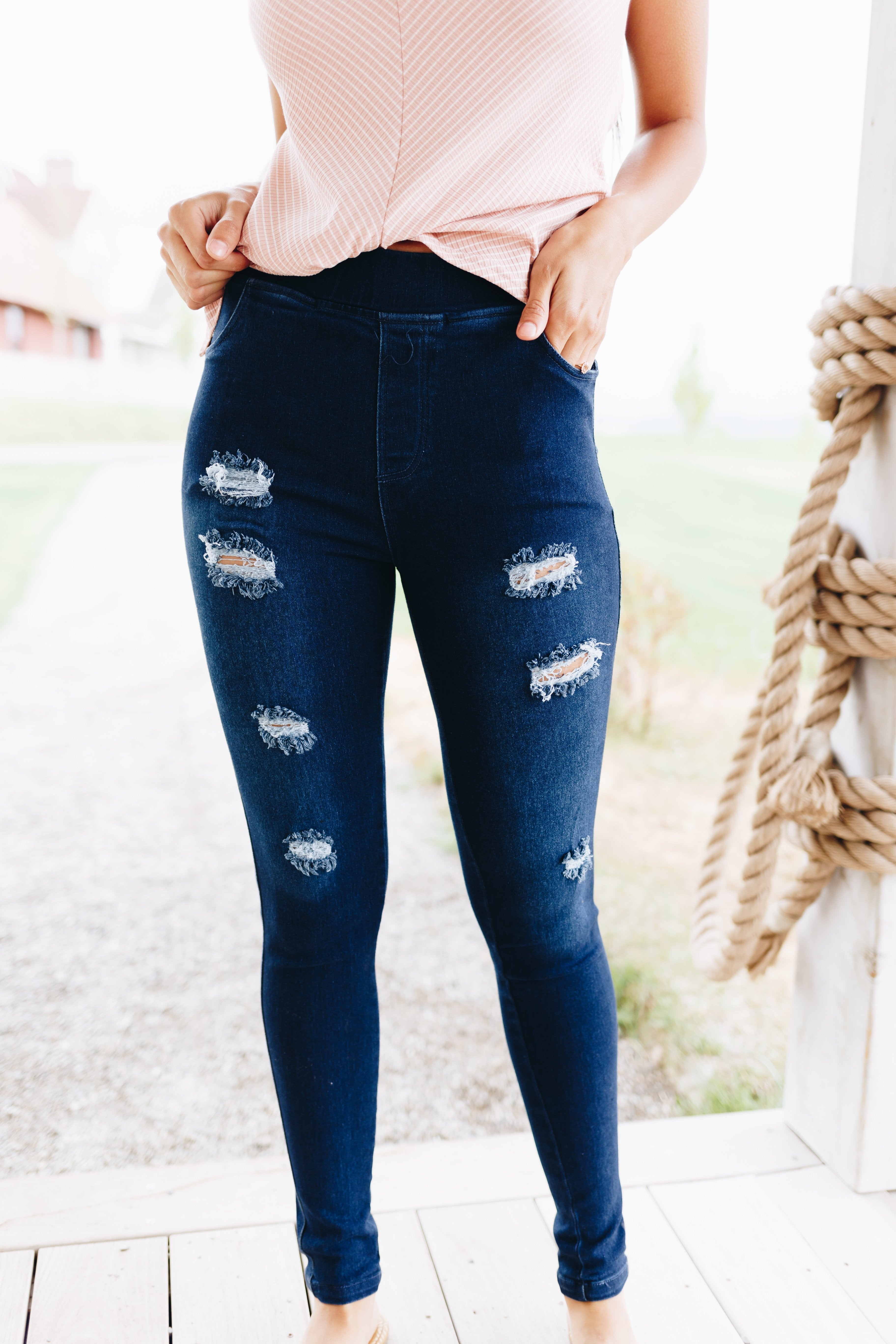 Ripped Easy Living Jeggings In Dark Wash