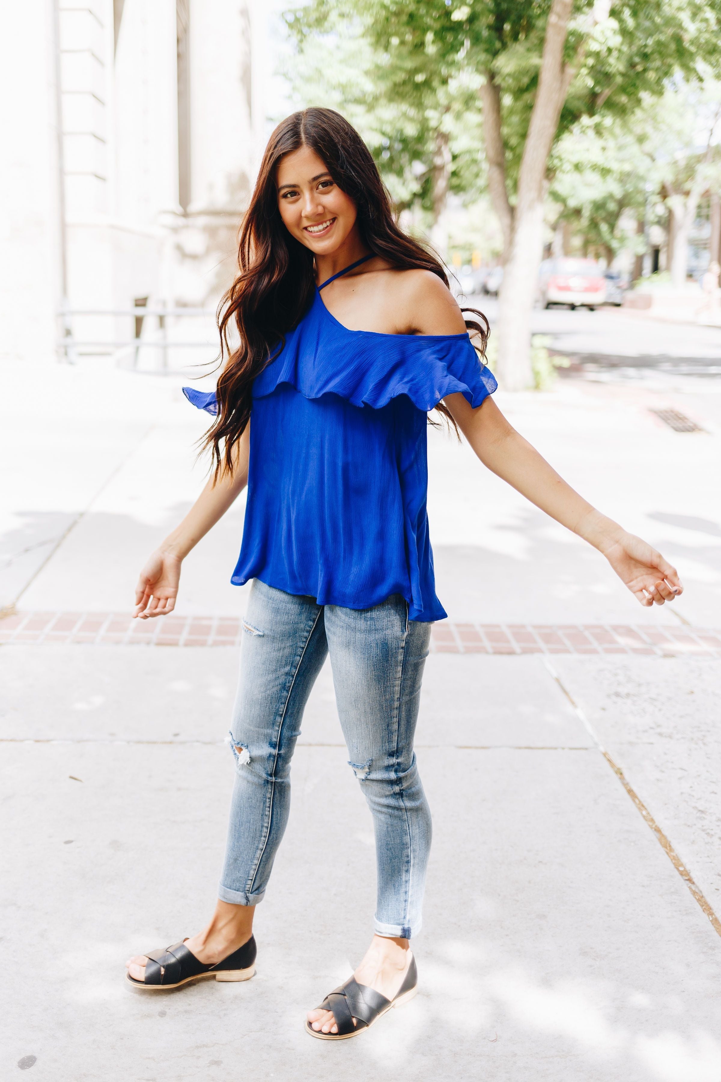 V Halter Ruffles Cold Shoulder Blouse