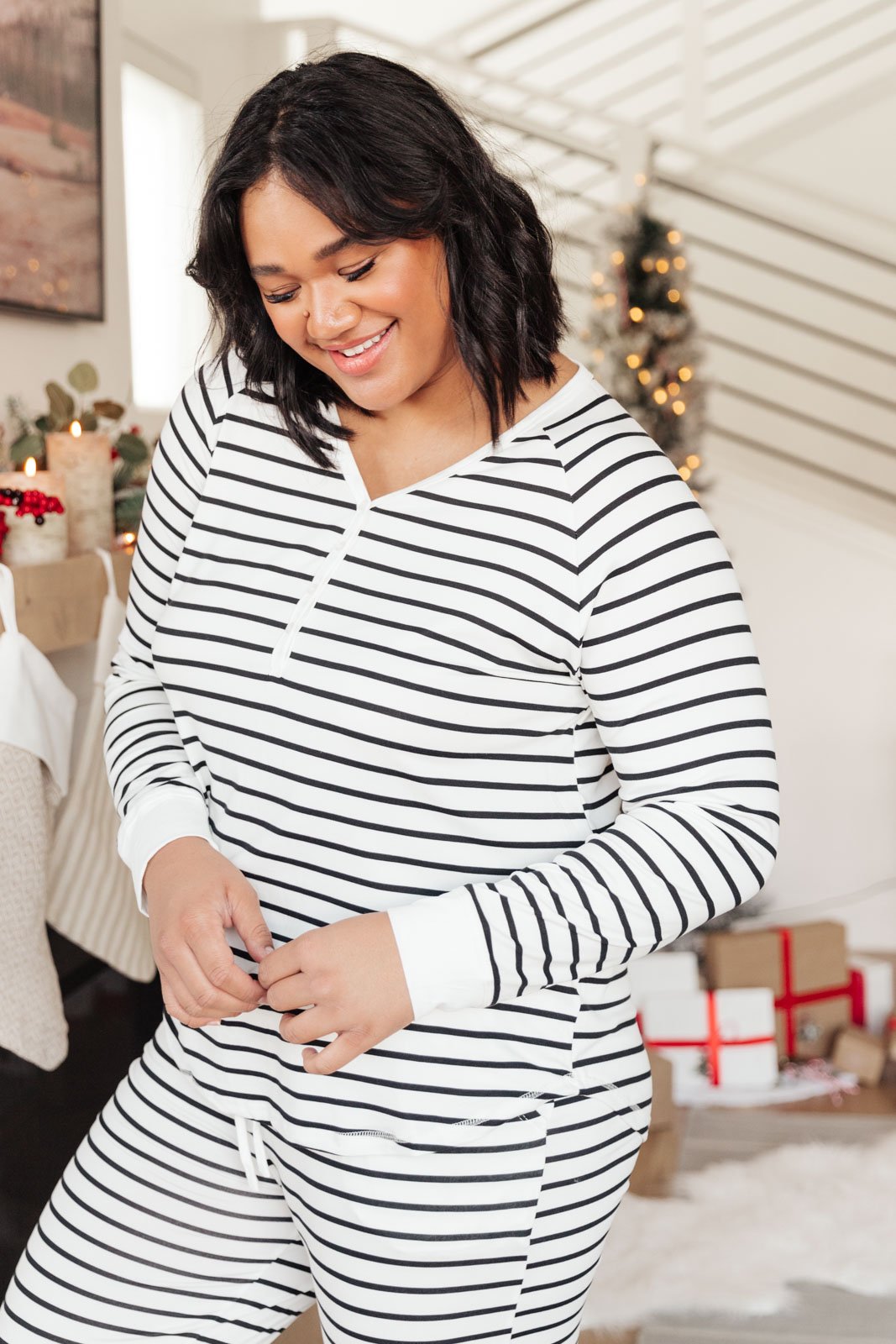 DOORBUSTER Snuggle in Stripes Pajama Top in White/Black