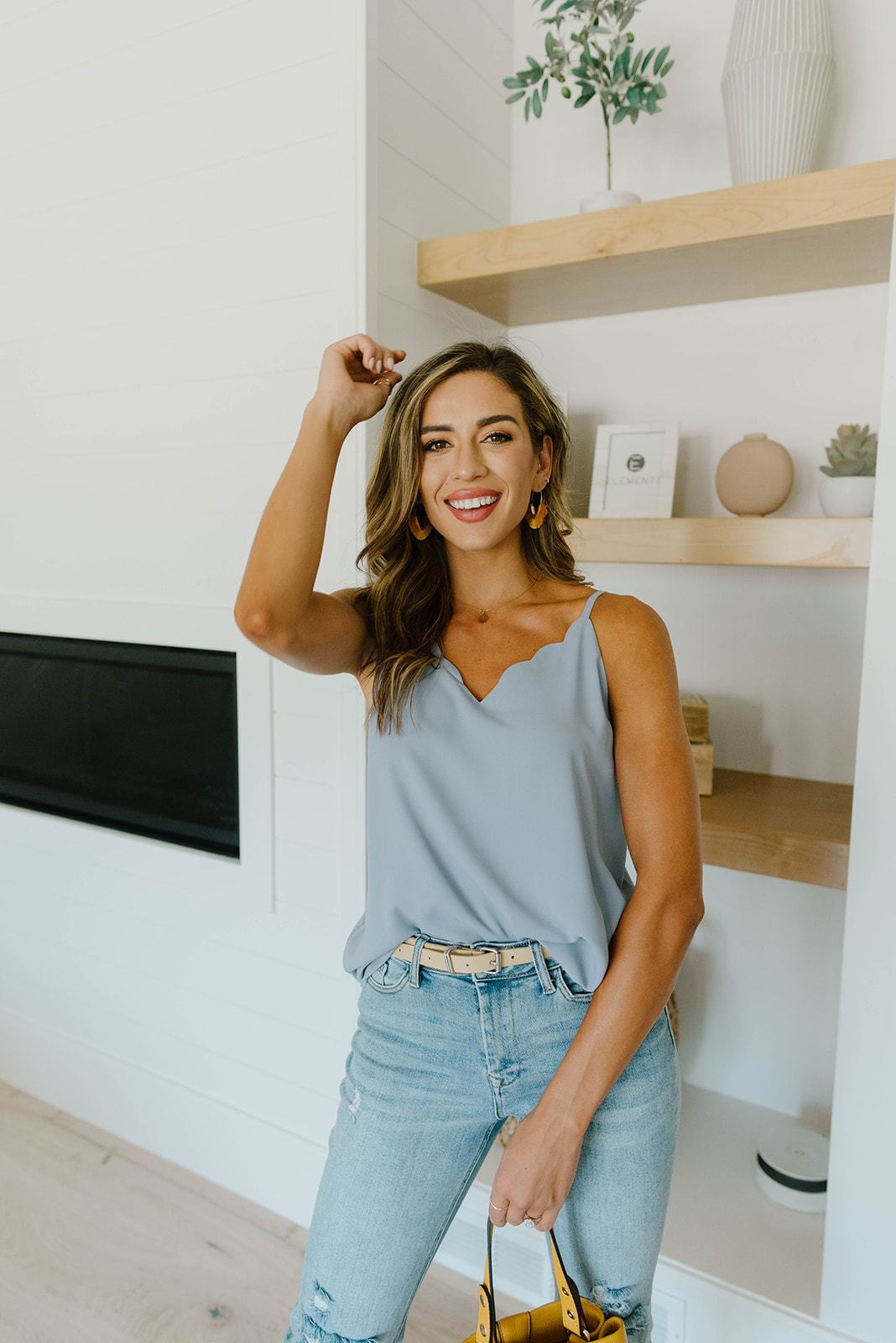 Subtle Scalloped V-Neck Cami In Dusty Blue