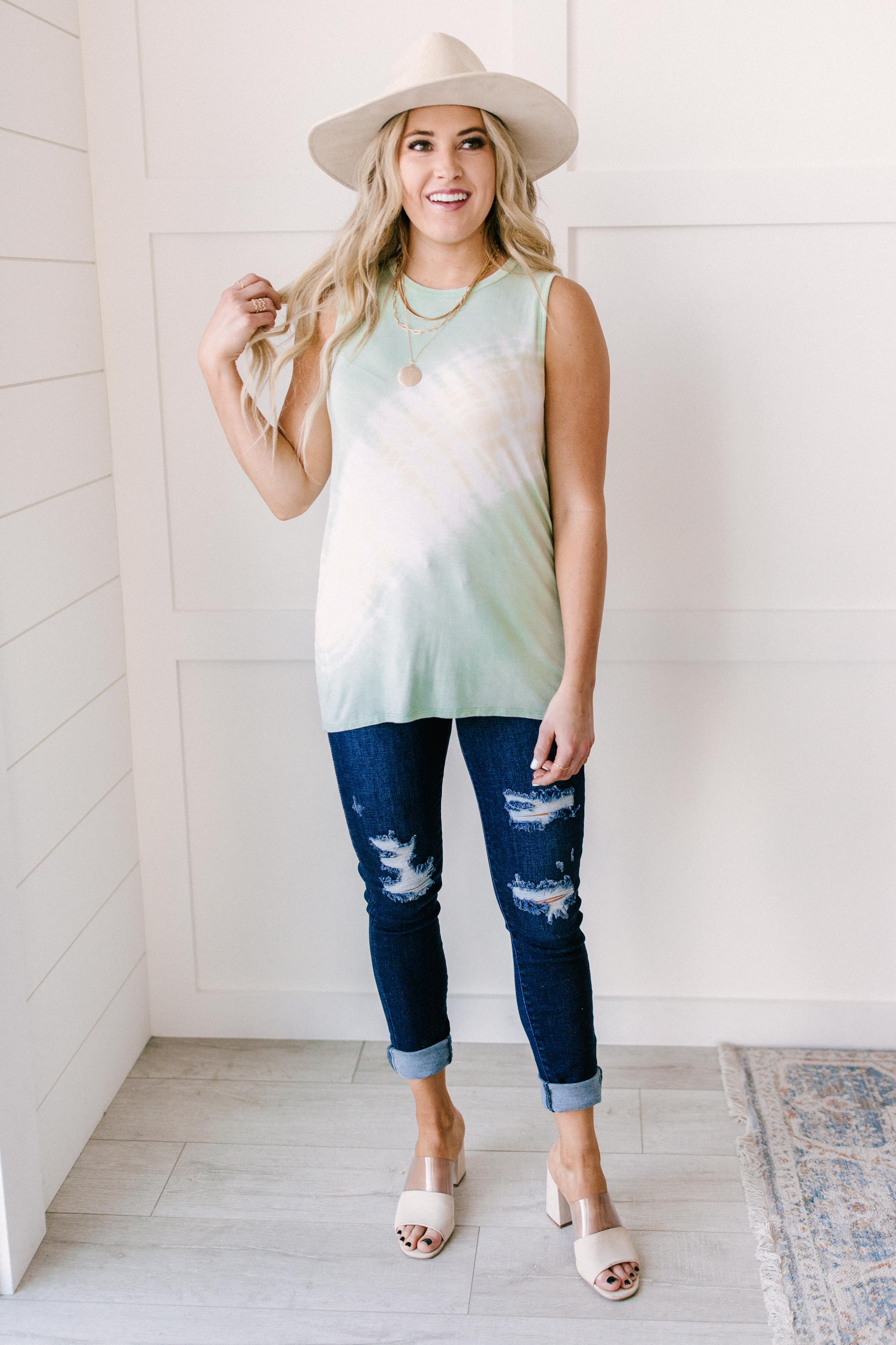 Diagonally Tie Dye Tank In Mint