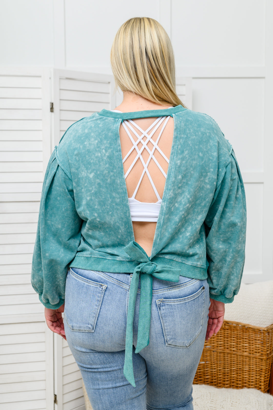 Tied Up In Cuteness Mineral Wash Sweater in Teal