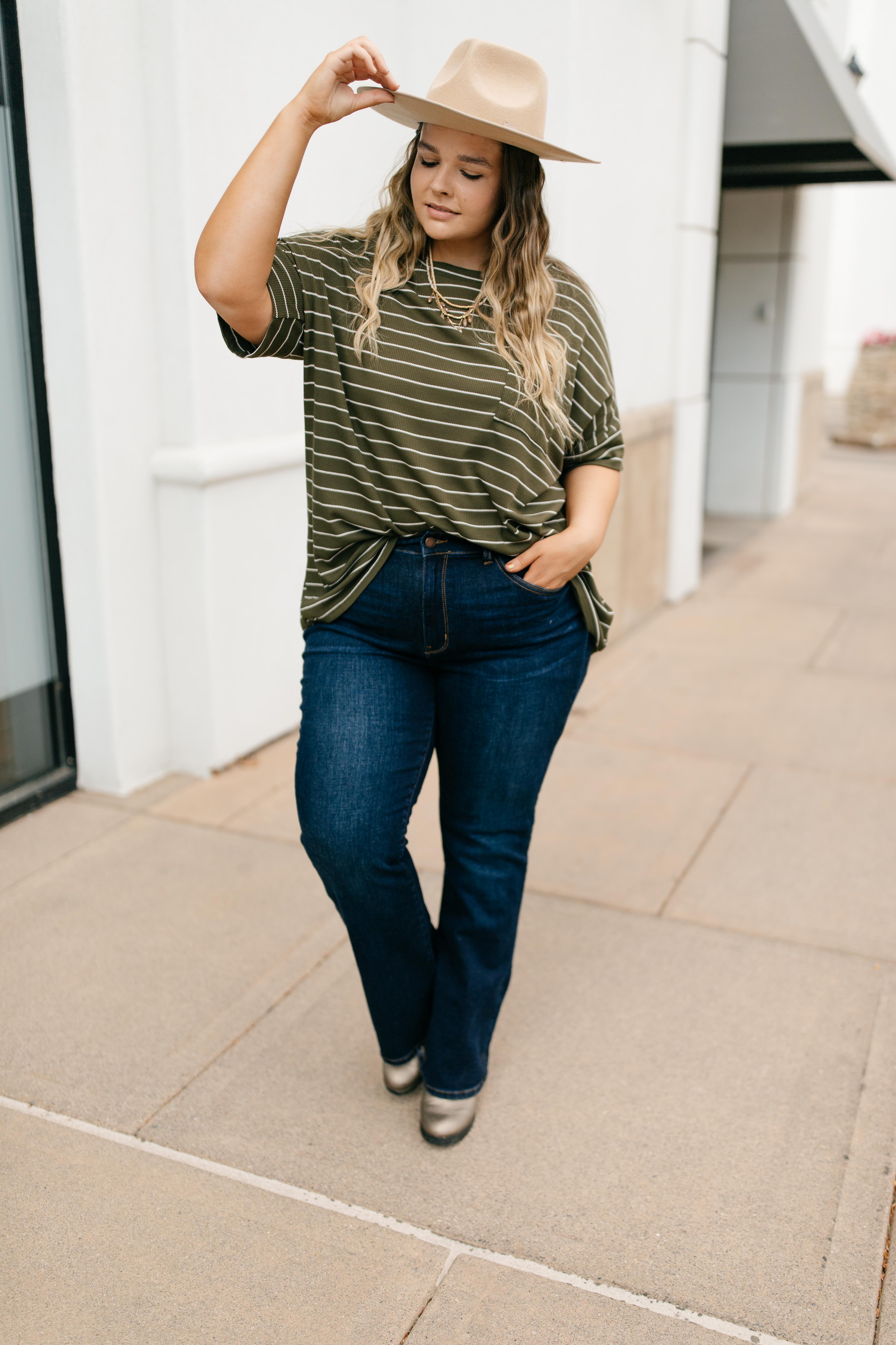 Tow The Line Striped Tee In Olive