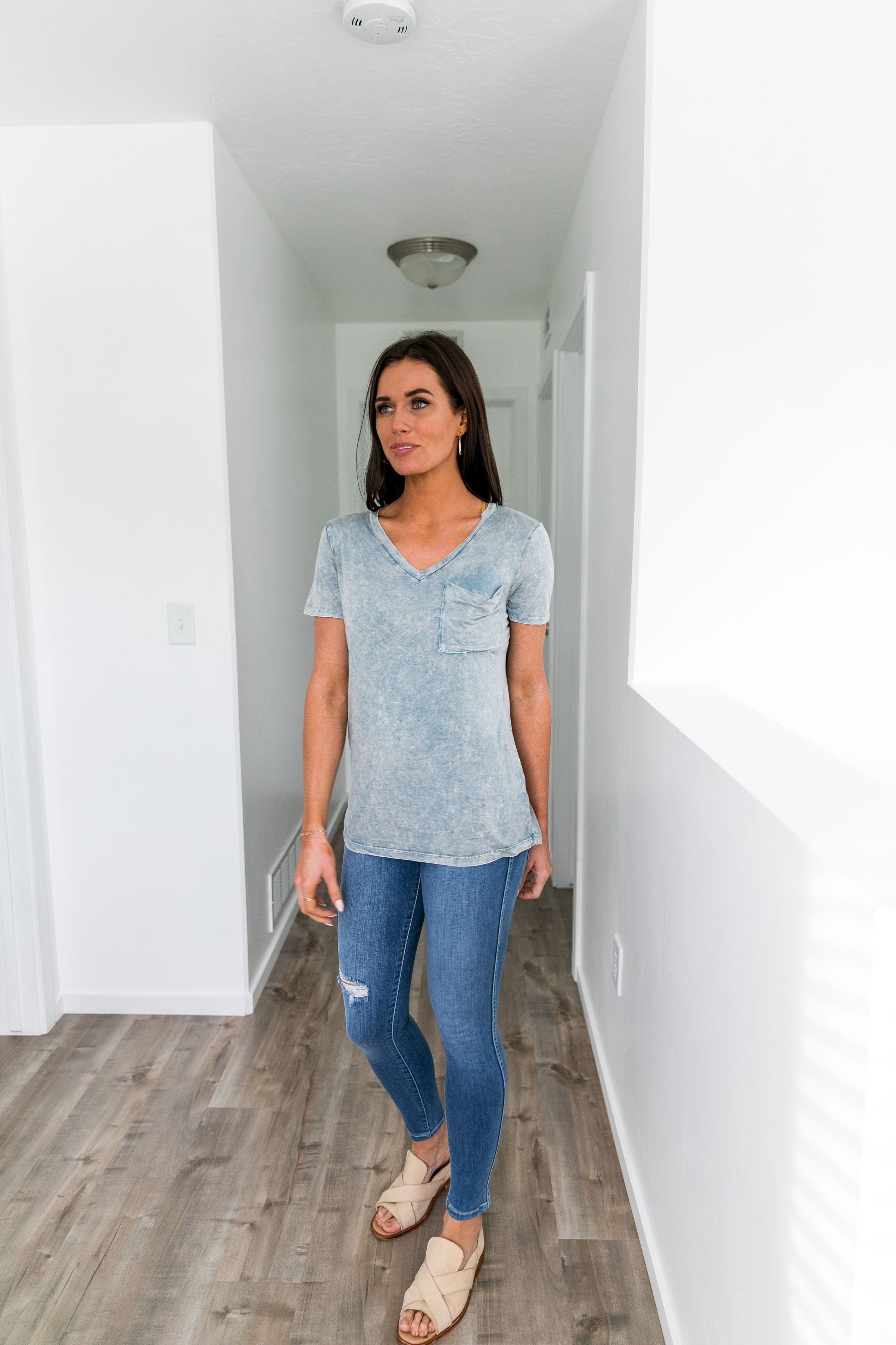 Acid Wash V-Neck Tee In Sky Blue