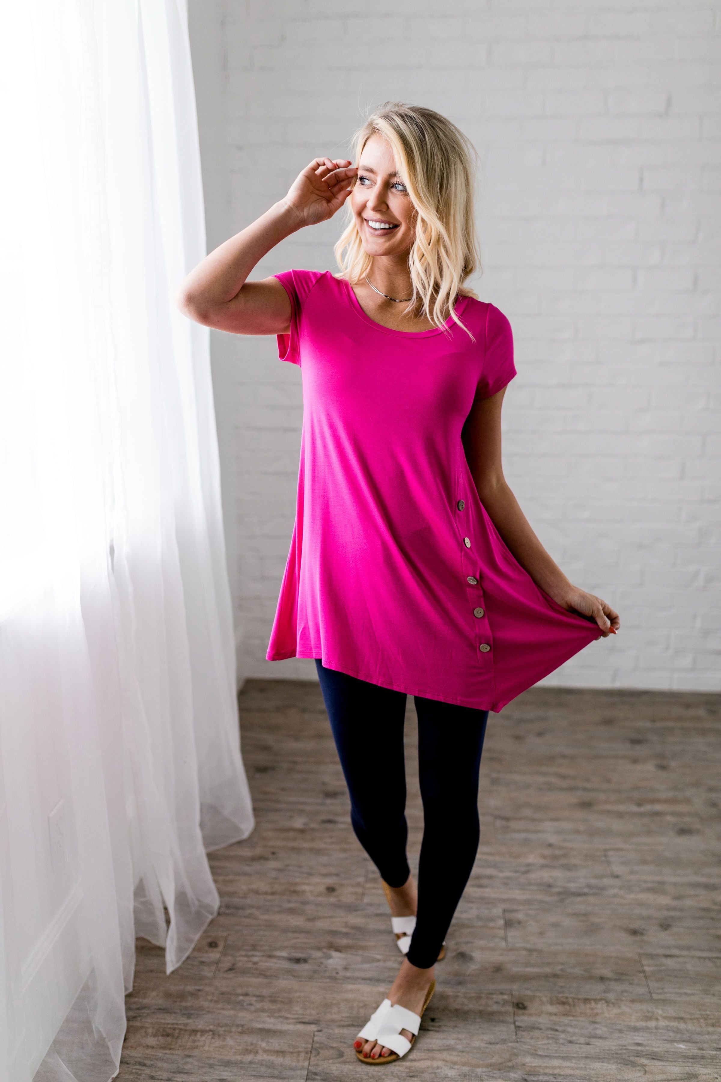 Asymmetrical Buttons Tunic In Hot Pink