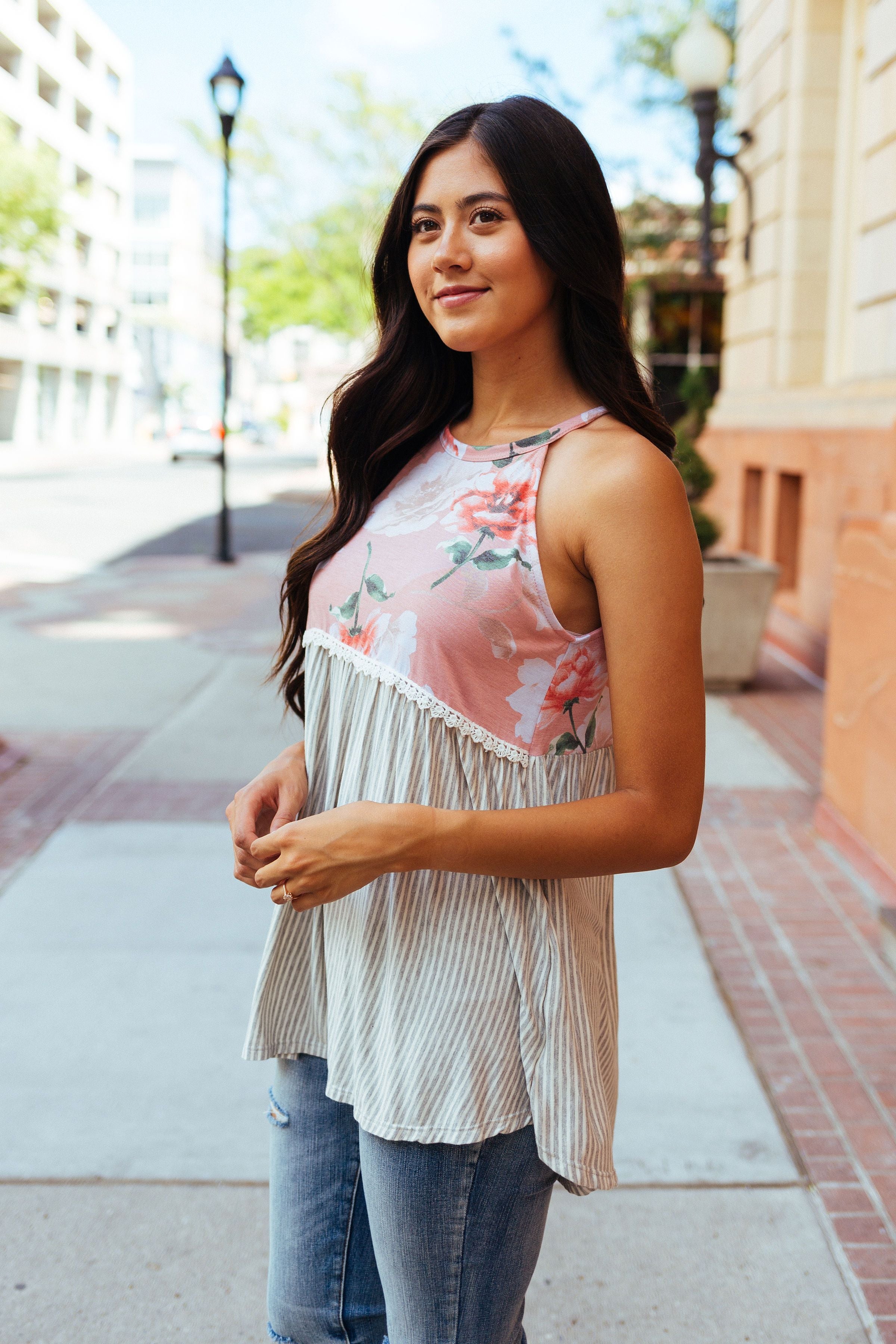 Babydoll Floral and Stripe Halter In Blush