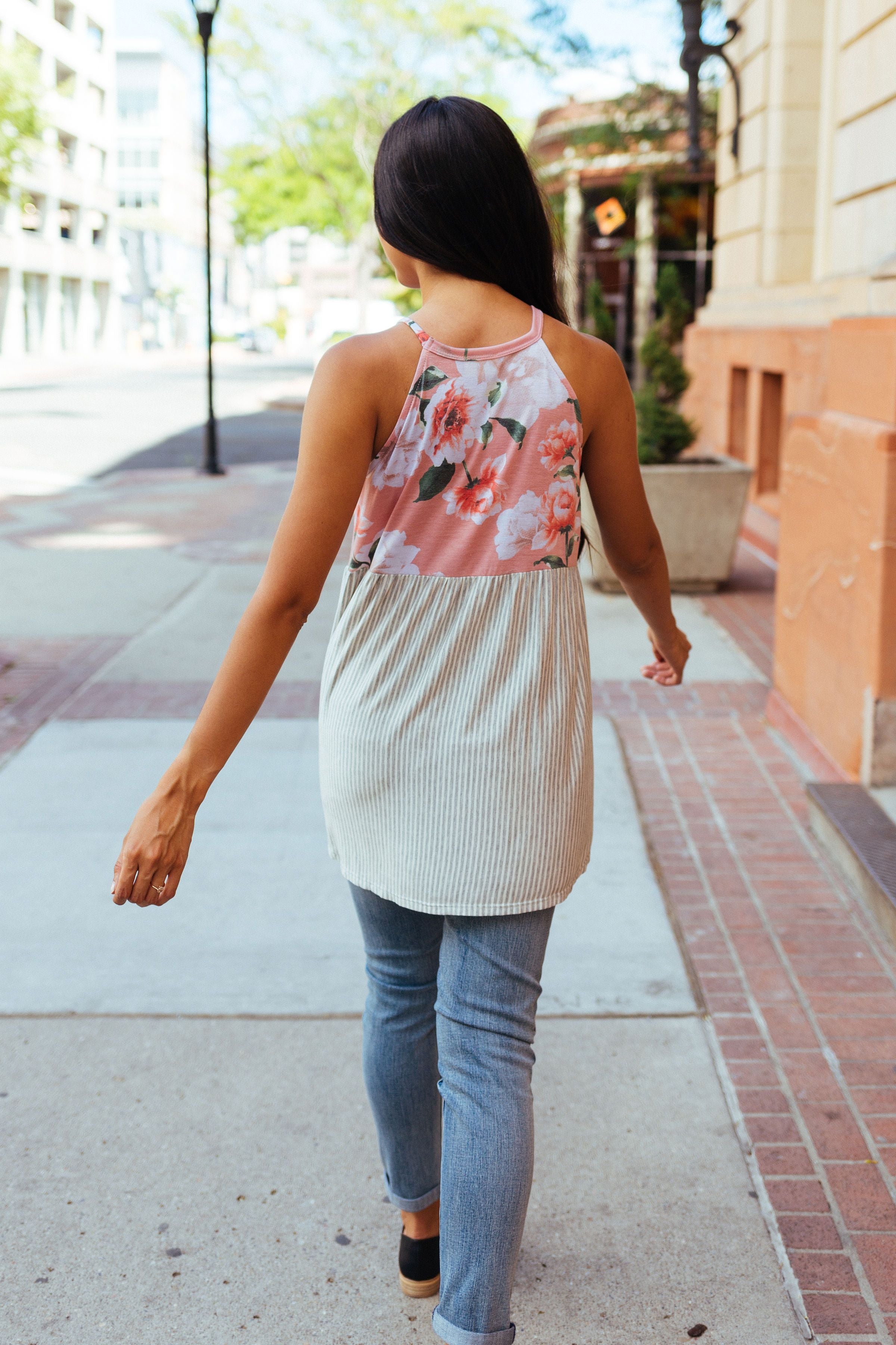 Babydoll Floral and Stripe Halter In Blush