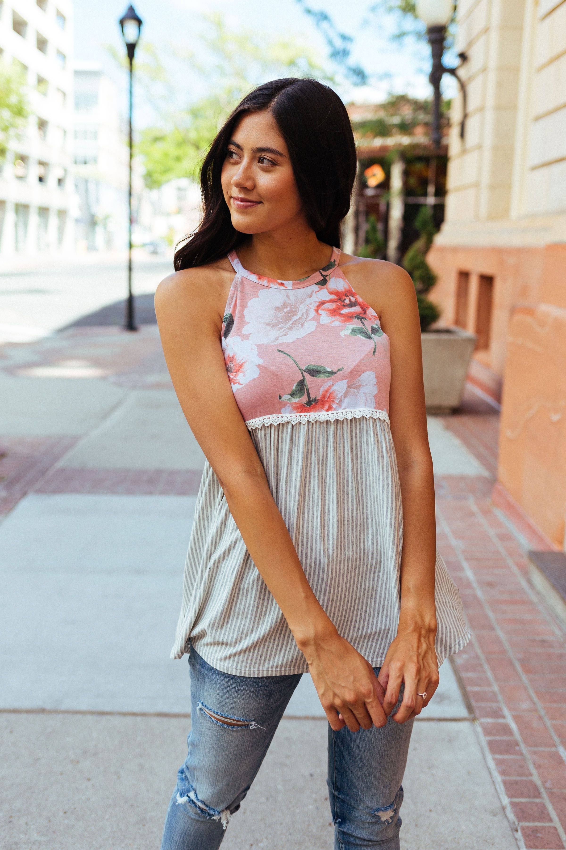 Babydoll Floral and Stripe Halter In Blush